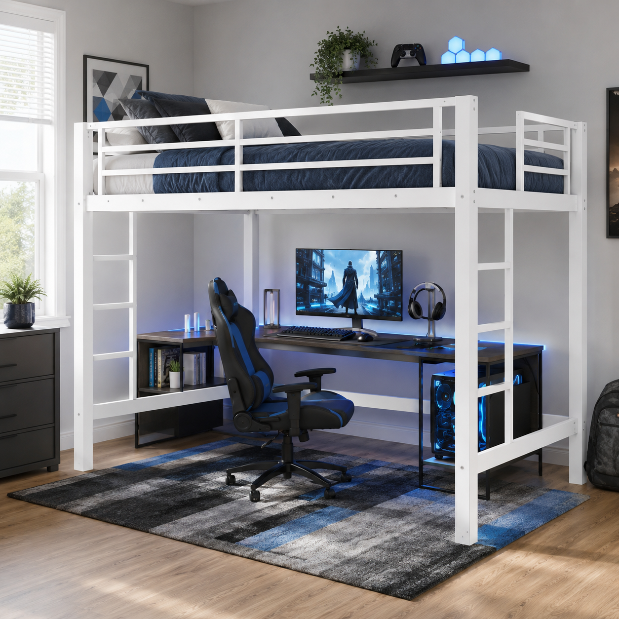 Jorven white loft bed showing a gaming workspace beneath the raised bed with monitors and LED lighting