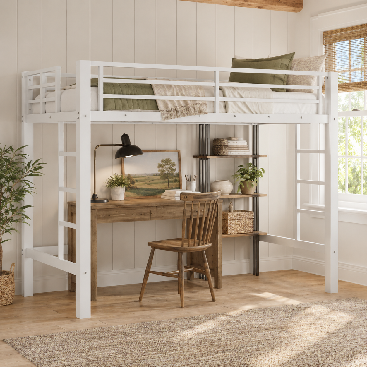 Jorven white twin XL metal loft bed in a bright workspace bedroom with a desk and chair