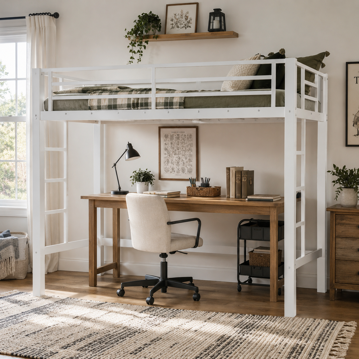 Jorven white twin size metal loft bed with shelving and desk in a cozy bedroom