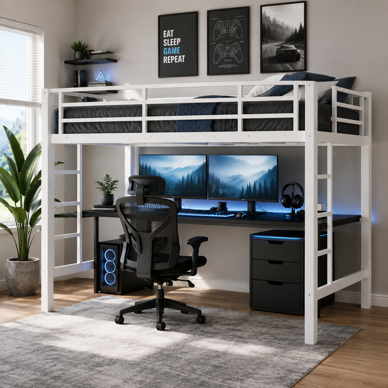 Jorven white loft bed showing a gaming workspace beneath the raised bed with full-length guardrails