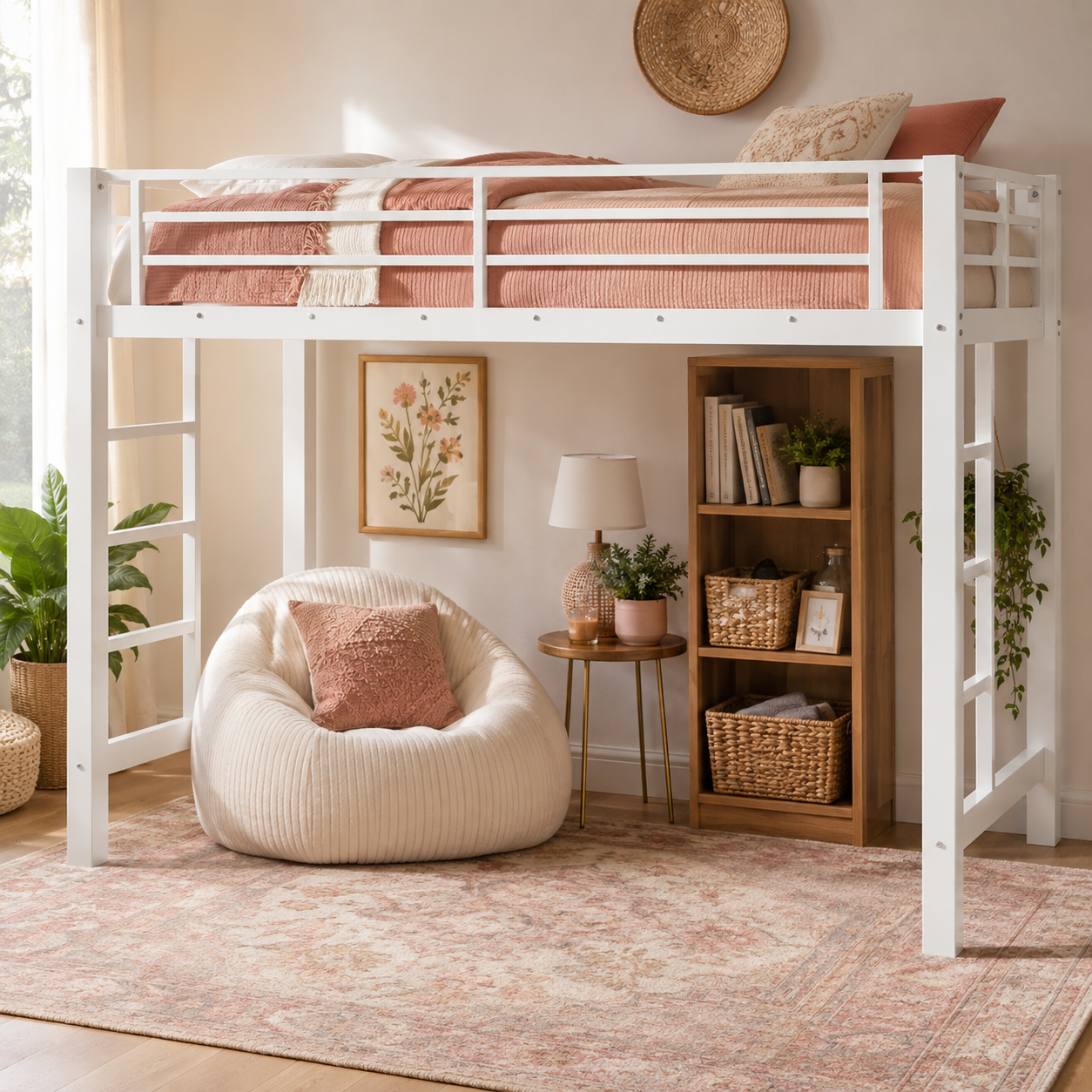 Jorven white twin XL metal loft bed in a warm kids room with a lounge chair underneath