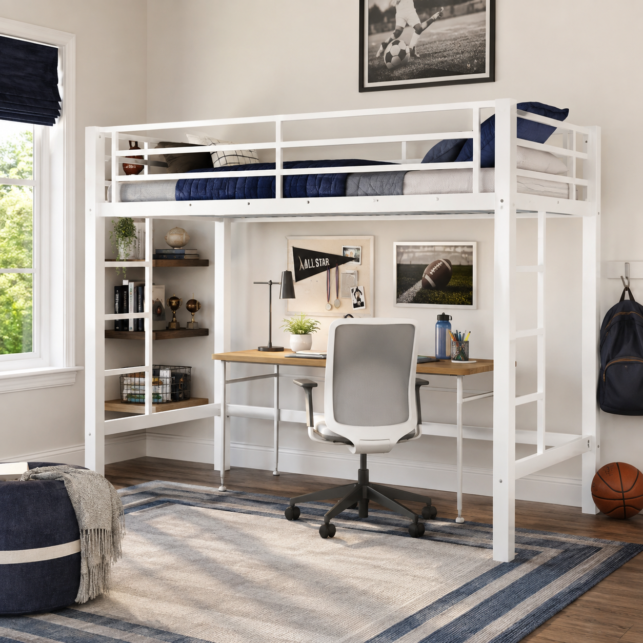 Jorven white twin size loft bed with study area underneath in a bright kids room