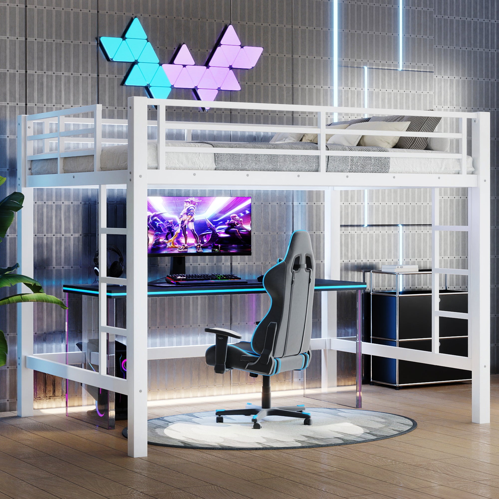 Jorven white loft bed showing a front room view with a gaming desk beneath the loft bed
