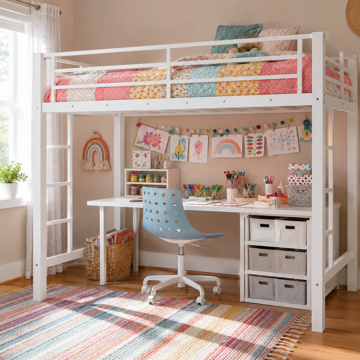 Jorven white twin size metal loft bed in a colorful bedroom workspace