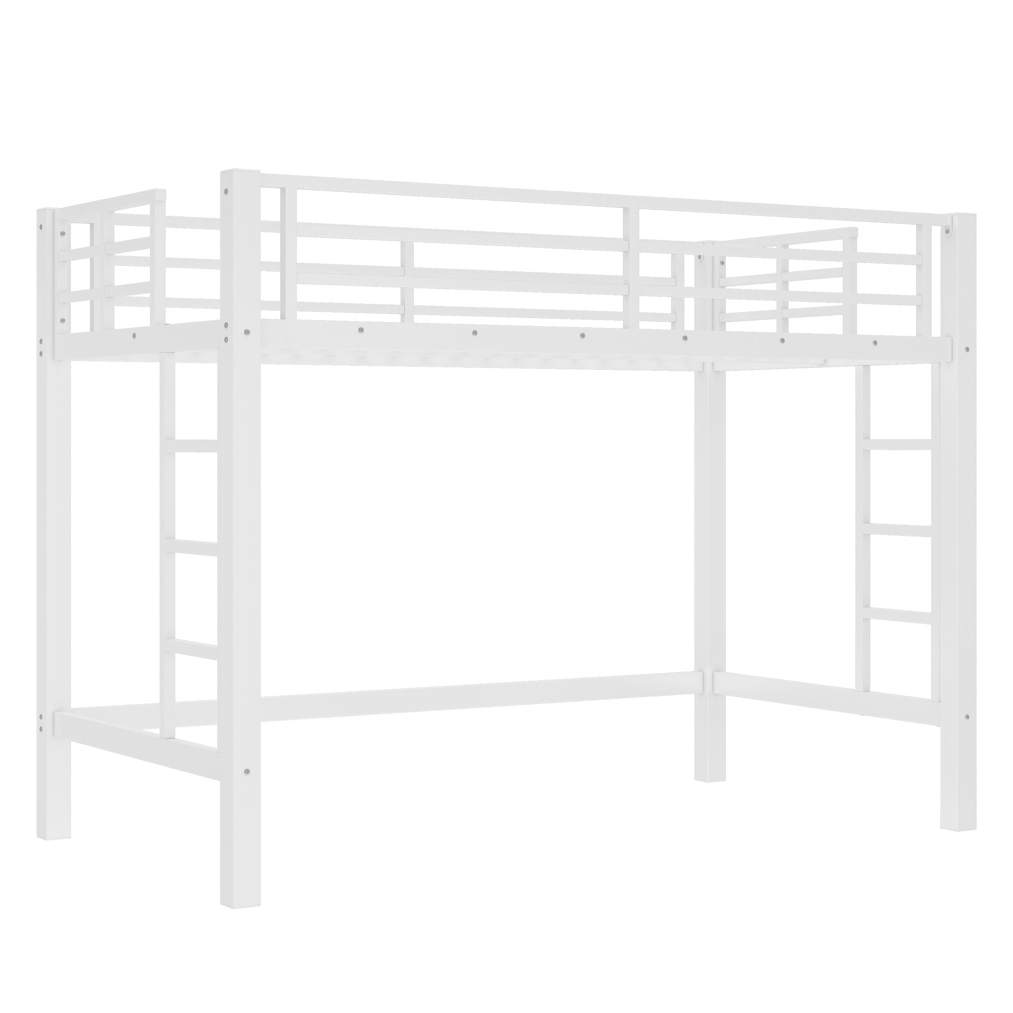 Jorven white twin XL metal loft bed front angled view with dual-side ladders on white background