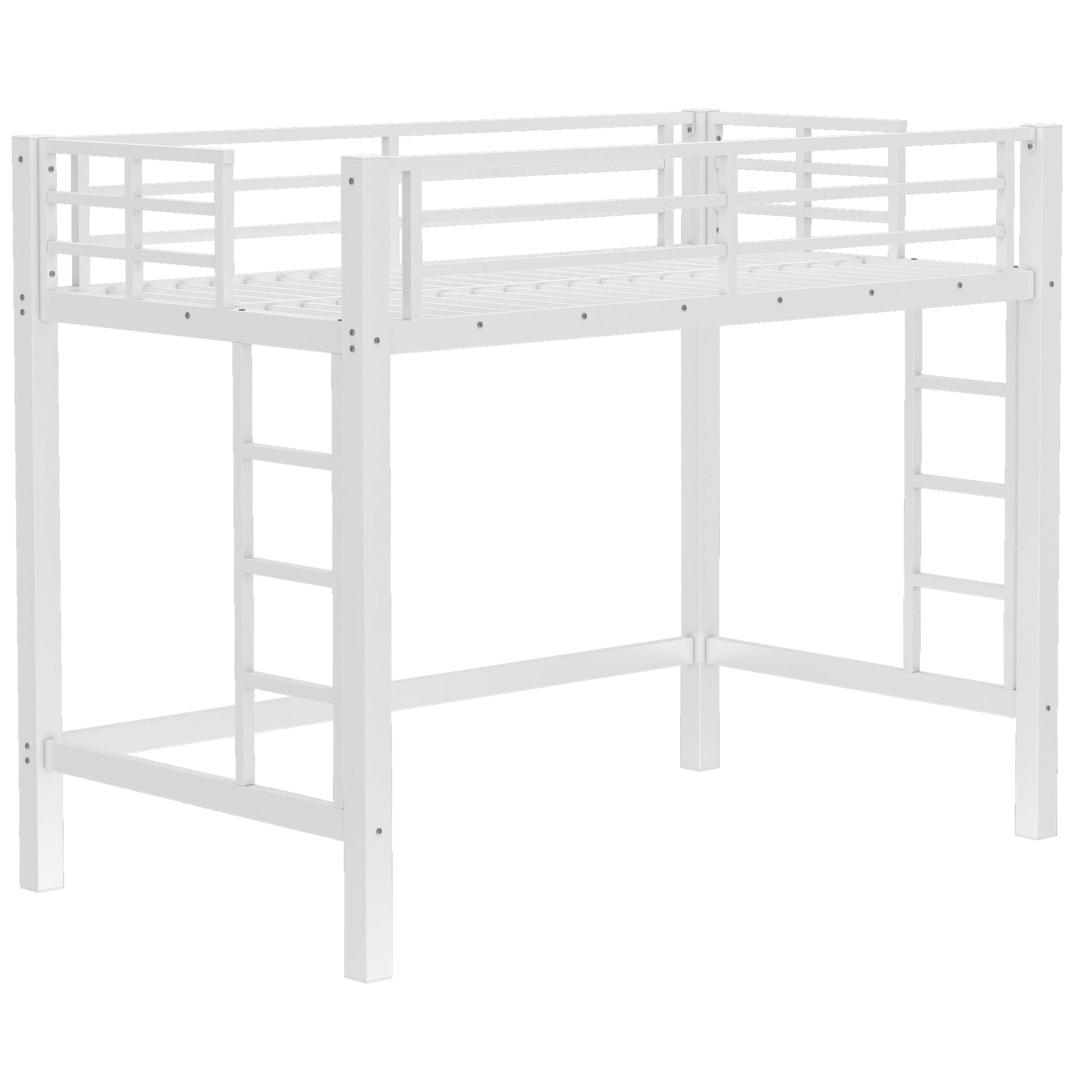 Jorven white twin size metal loft bed front angled view on white background