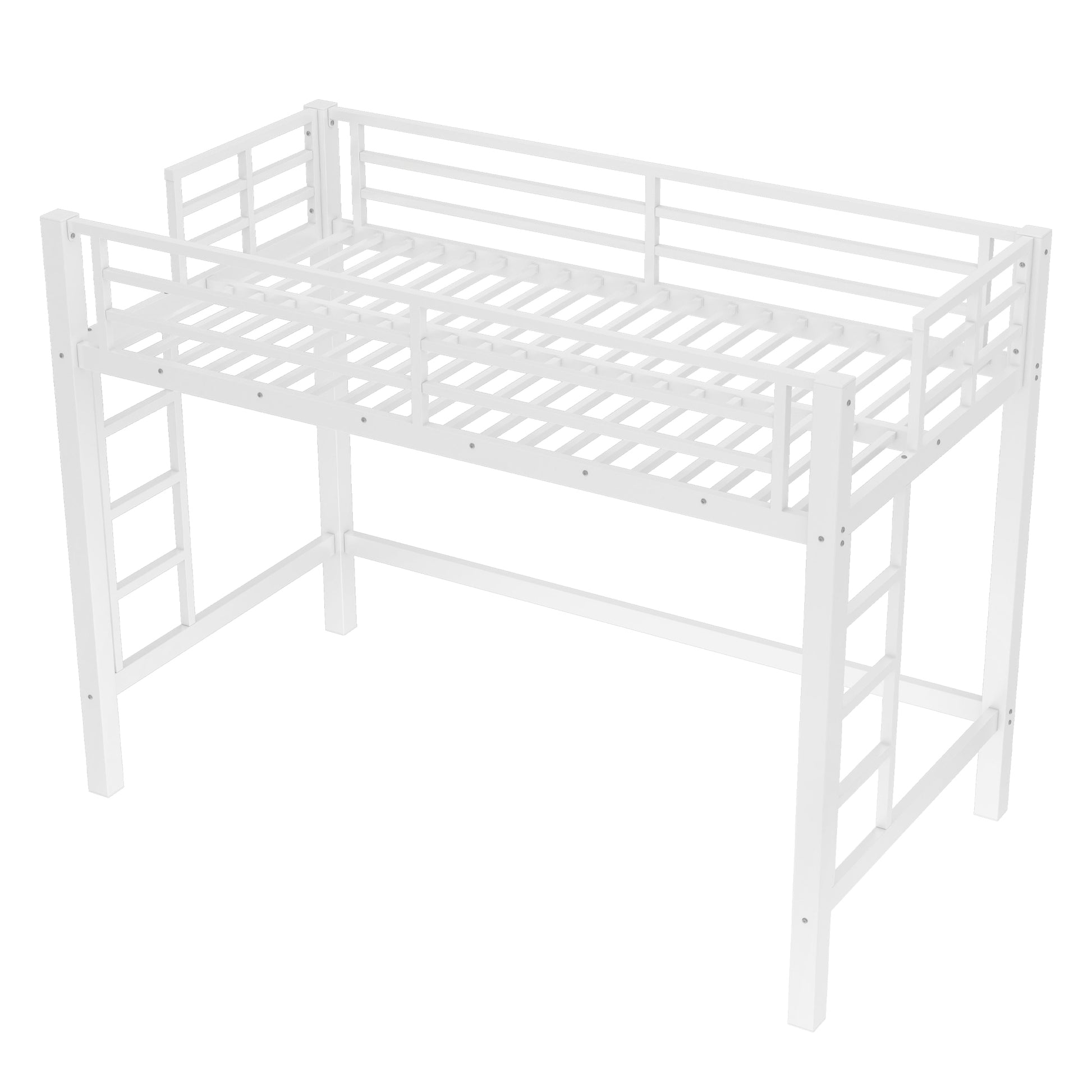 Jorven white twin XL metal loft bed angled view with full-length guardrails on white background