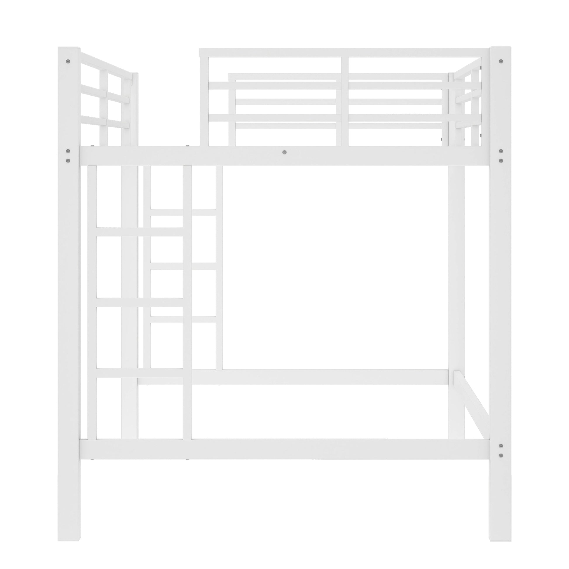 Jorven white loft bed showing the side view with elevated sleeping platform and ladder on white background
