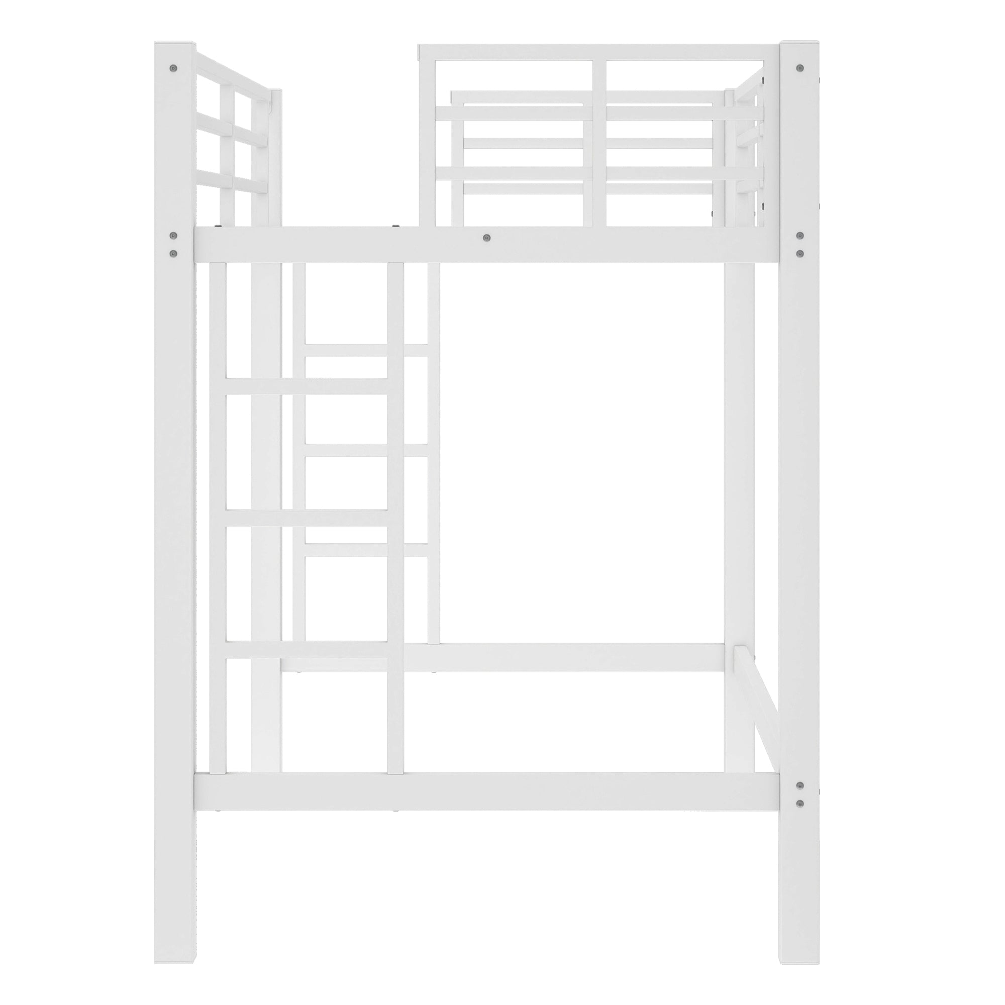 Jorven white twin size metal loft bed side angled view with ladder on white background