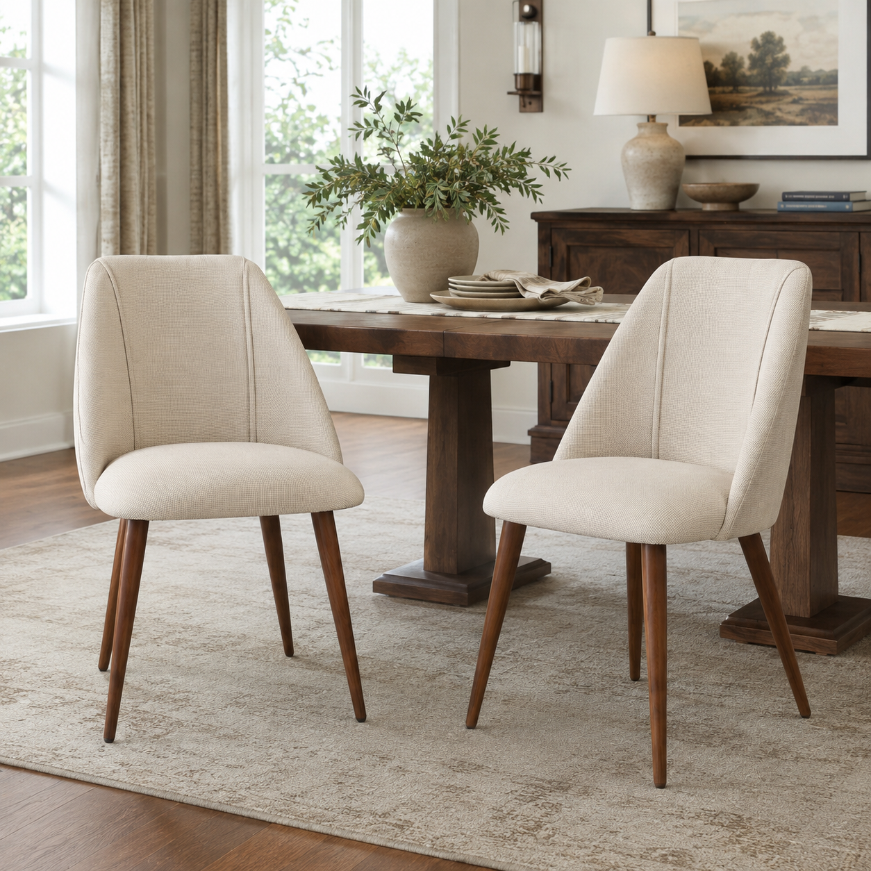 Kali beige upholstered dining chairs with walnut-tone tapered metal legs set of 2 styled at a dining table in a sunlit dining space
