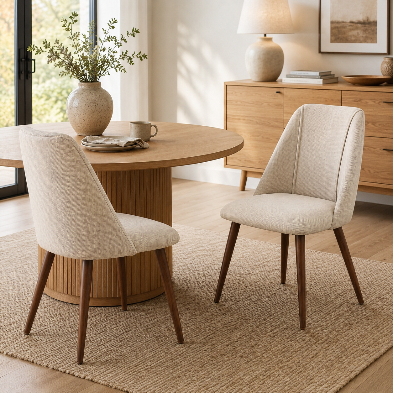 Kali beige upholstered dining chairs with walnut-tone tapered metal legs set of 2 shown beside a round dining table in a modern dining room