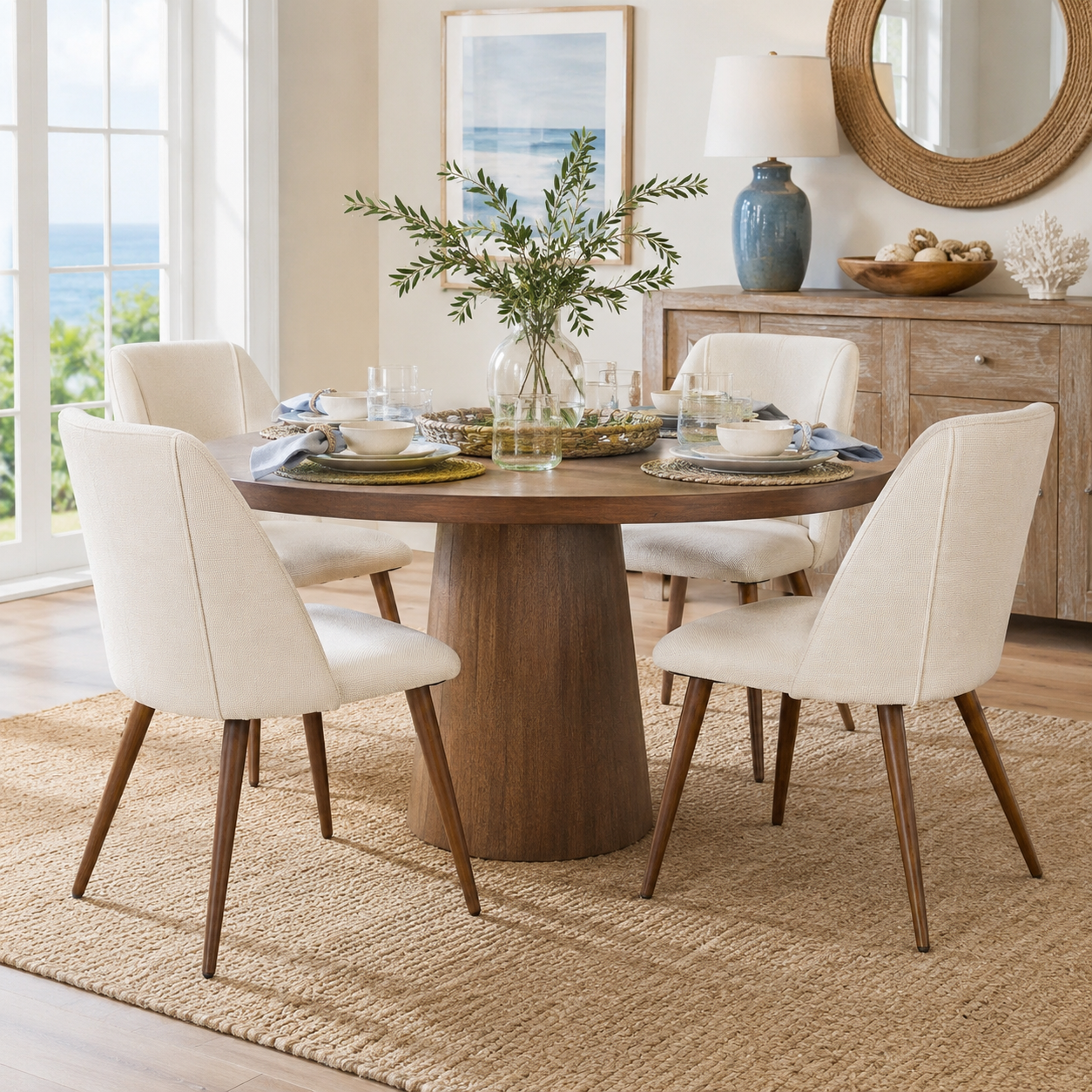 Kali beige upholstered dining chairs with walnut-tone tapered metal legs set of 2 in a warm neutral dining room setting