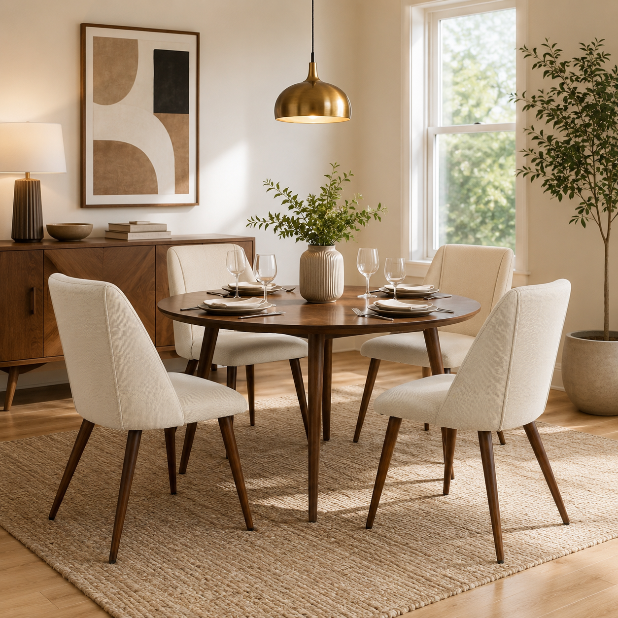 Kali beige upholstered dining chairs with walnut-tone tapered metal legs set of 2 in a warm neutral dining room setting