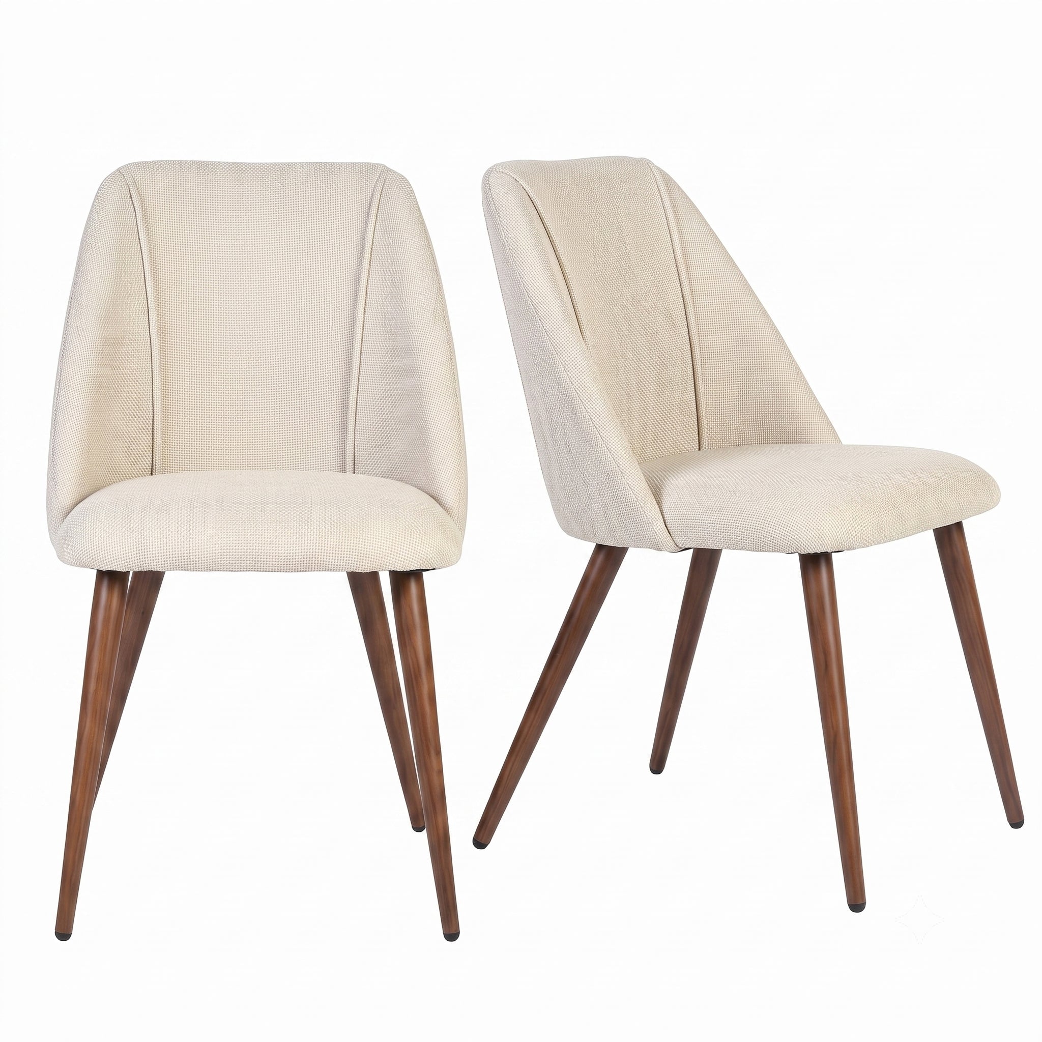 Kali beige upholstered dining chairs with walnut-tone tapered metal legs set of 2 on white background