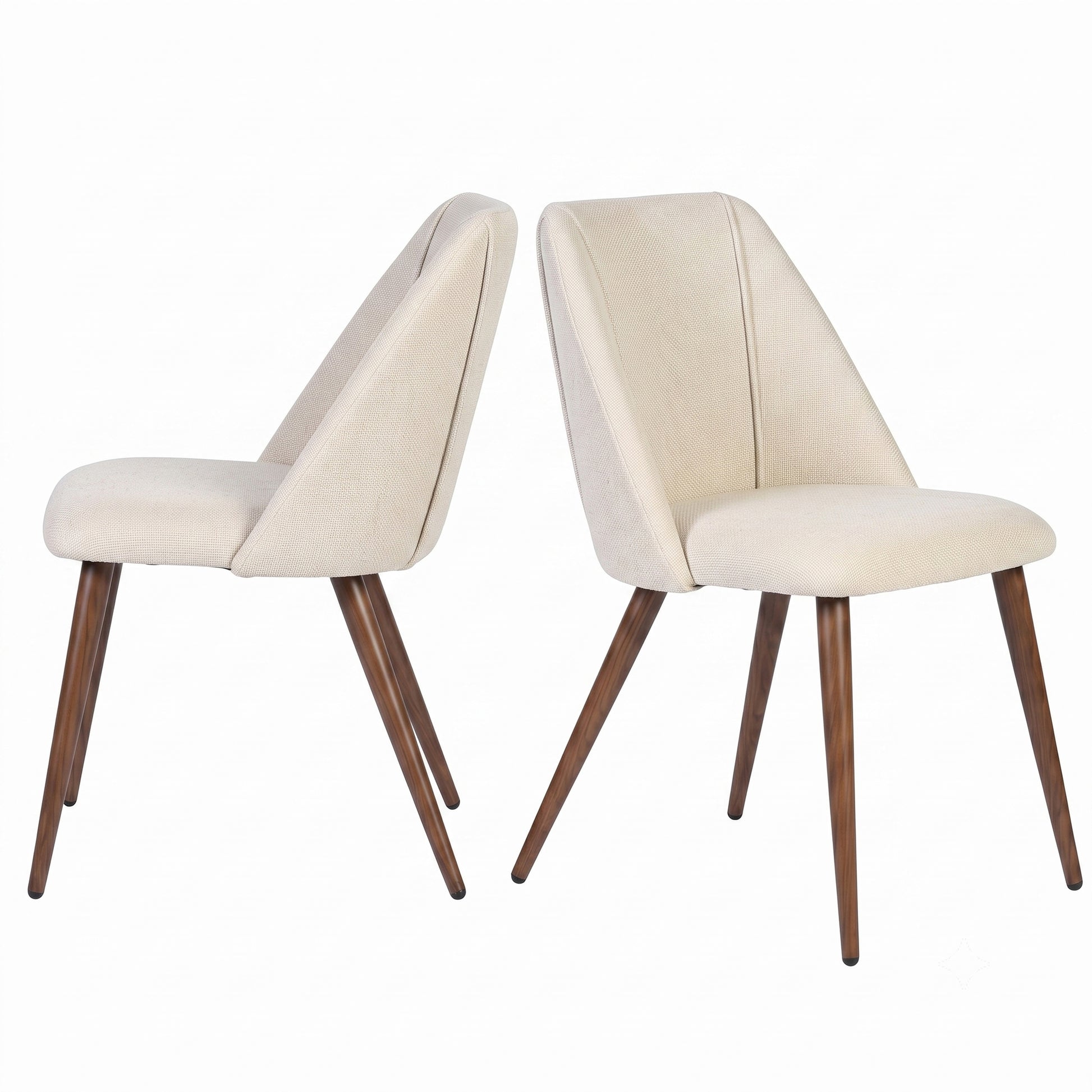 Kali beige upholstered dining chairs with walnut-tone tapered metal legs pair view on white background