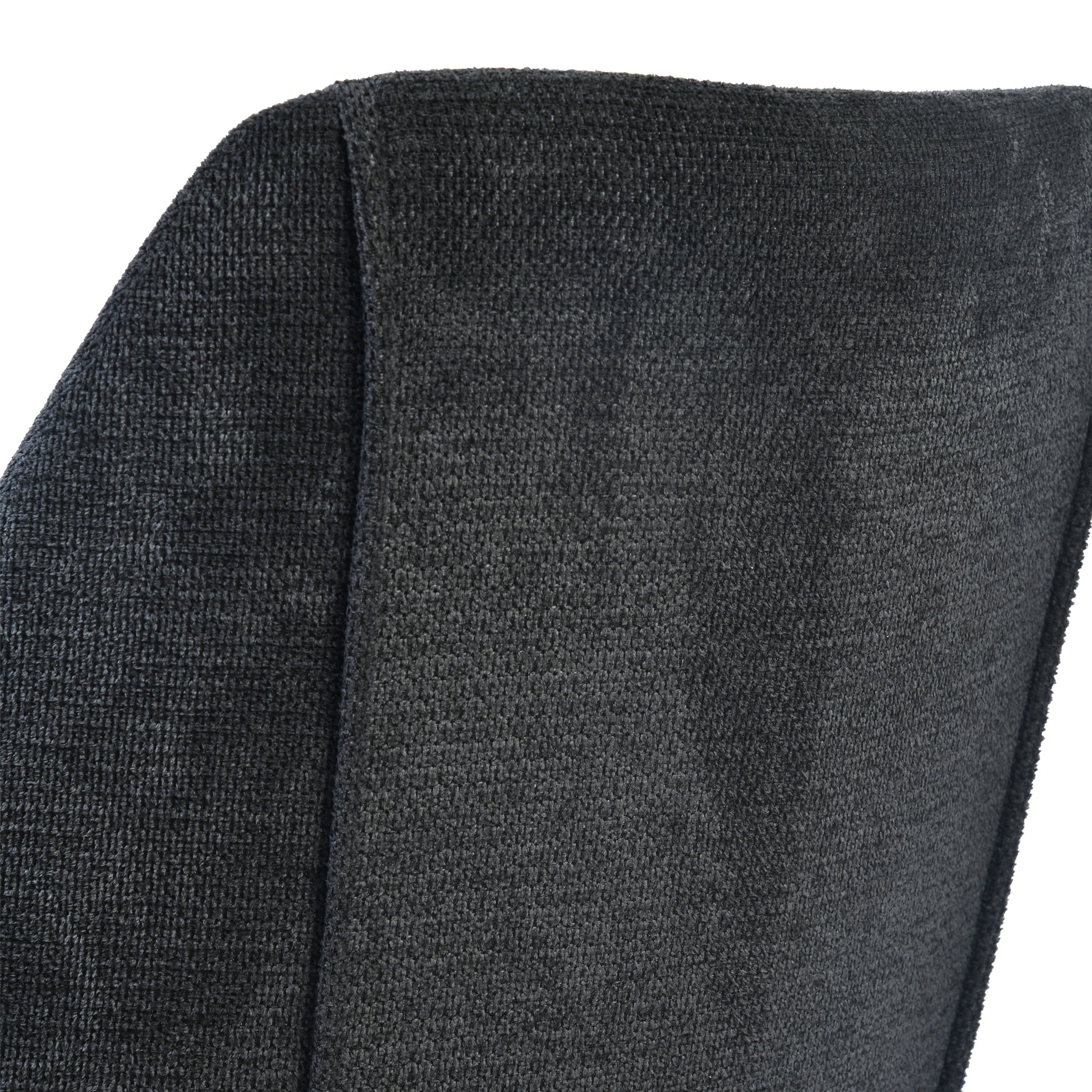 Kali gray upholstered dining chair showing charcoal fabric back detail