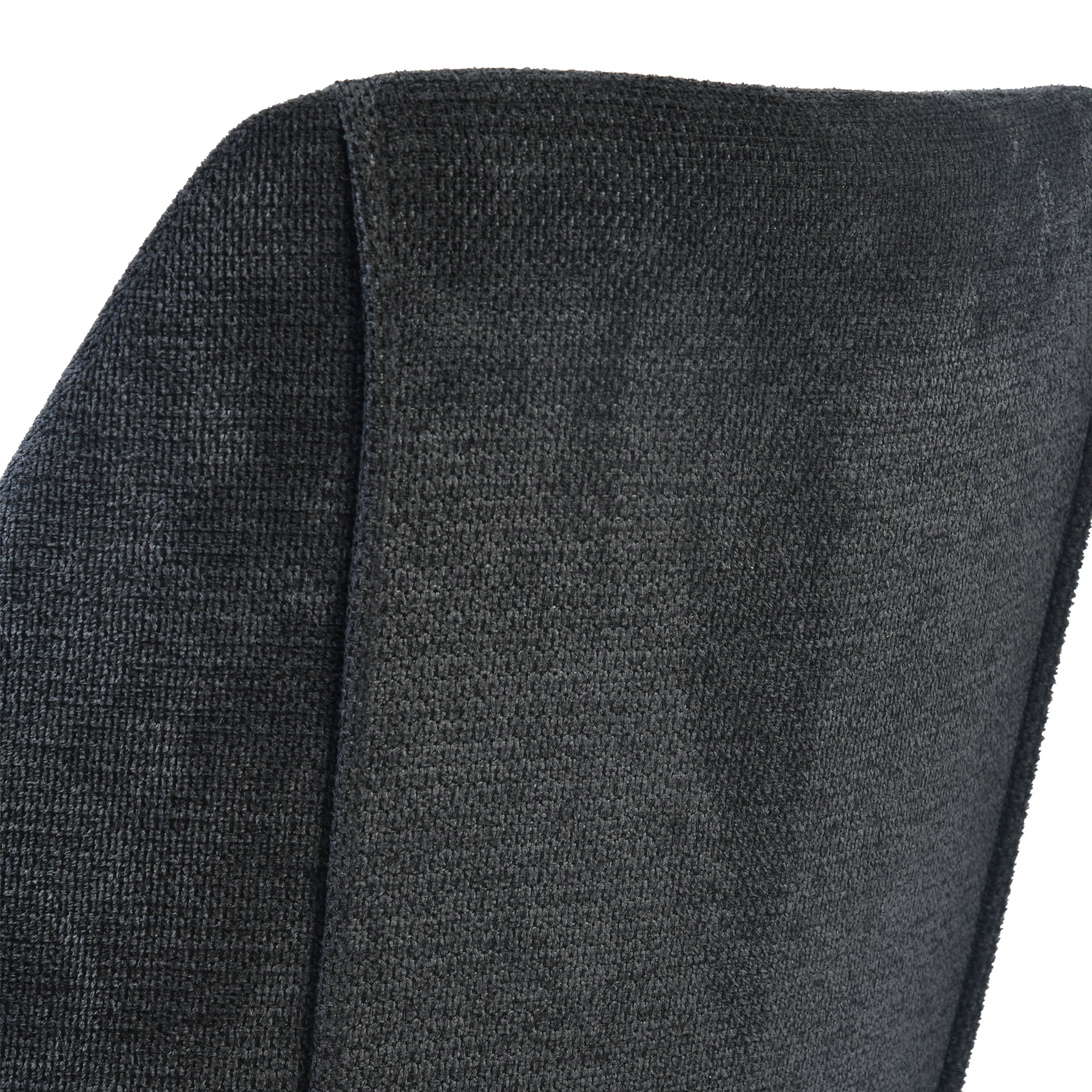 Kali gray upholstered dining chair showing charcoal fabric back detail