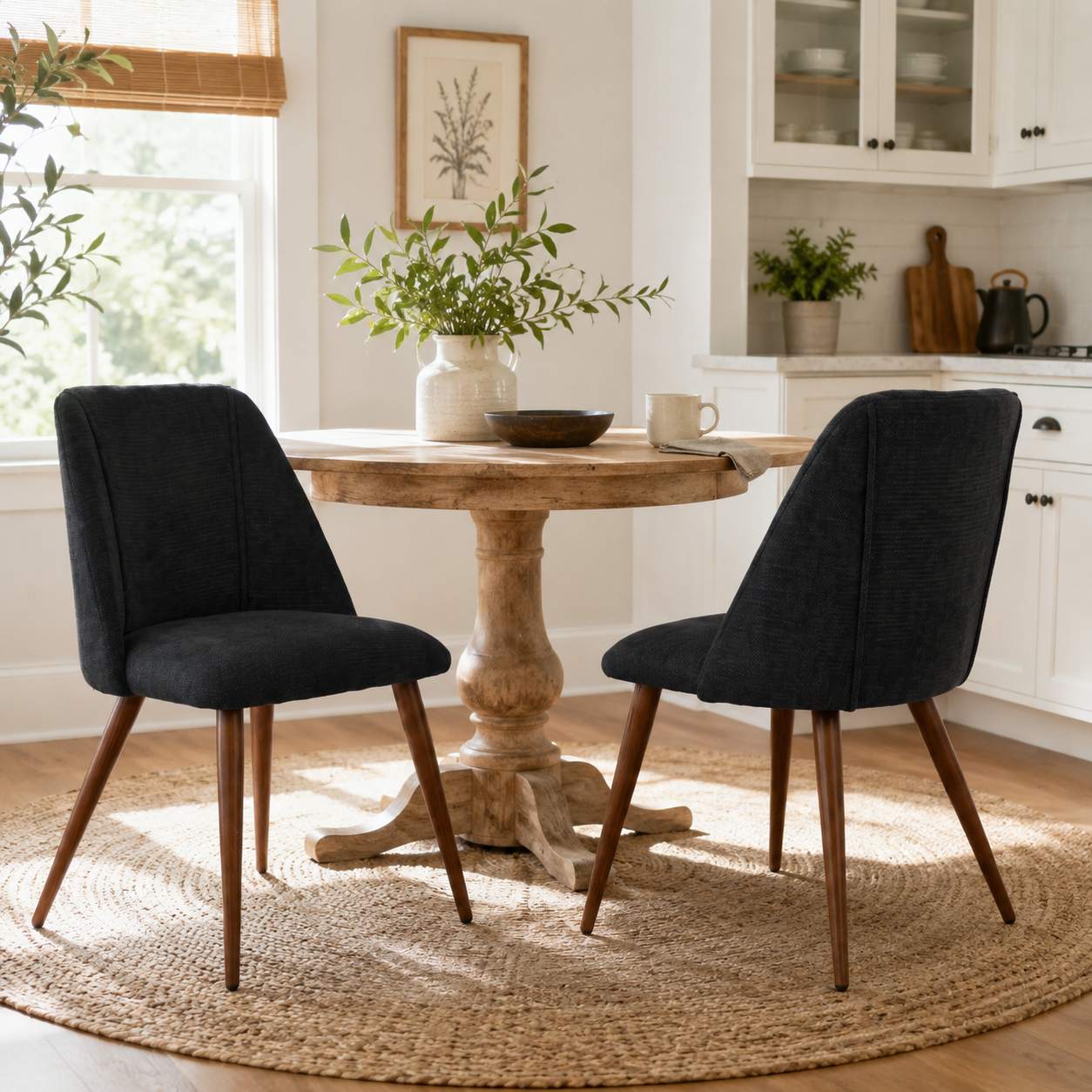 Kali gray upholstered dining chairs with walnut-tone tapered metal legs set of 2 around a dining table in a modern dining room