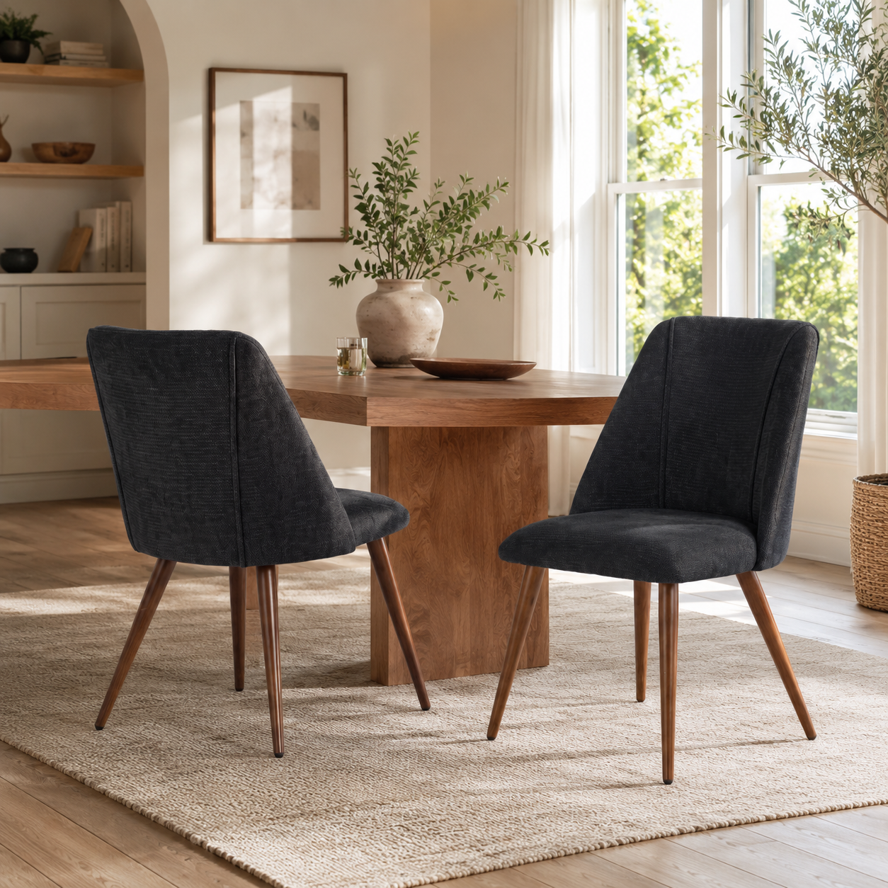 Kali gray upholstered dining chairs with walnut-tone tapered metal legs set of 2 styled at a round dining table