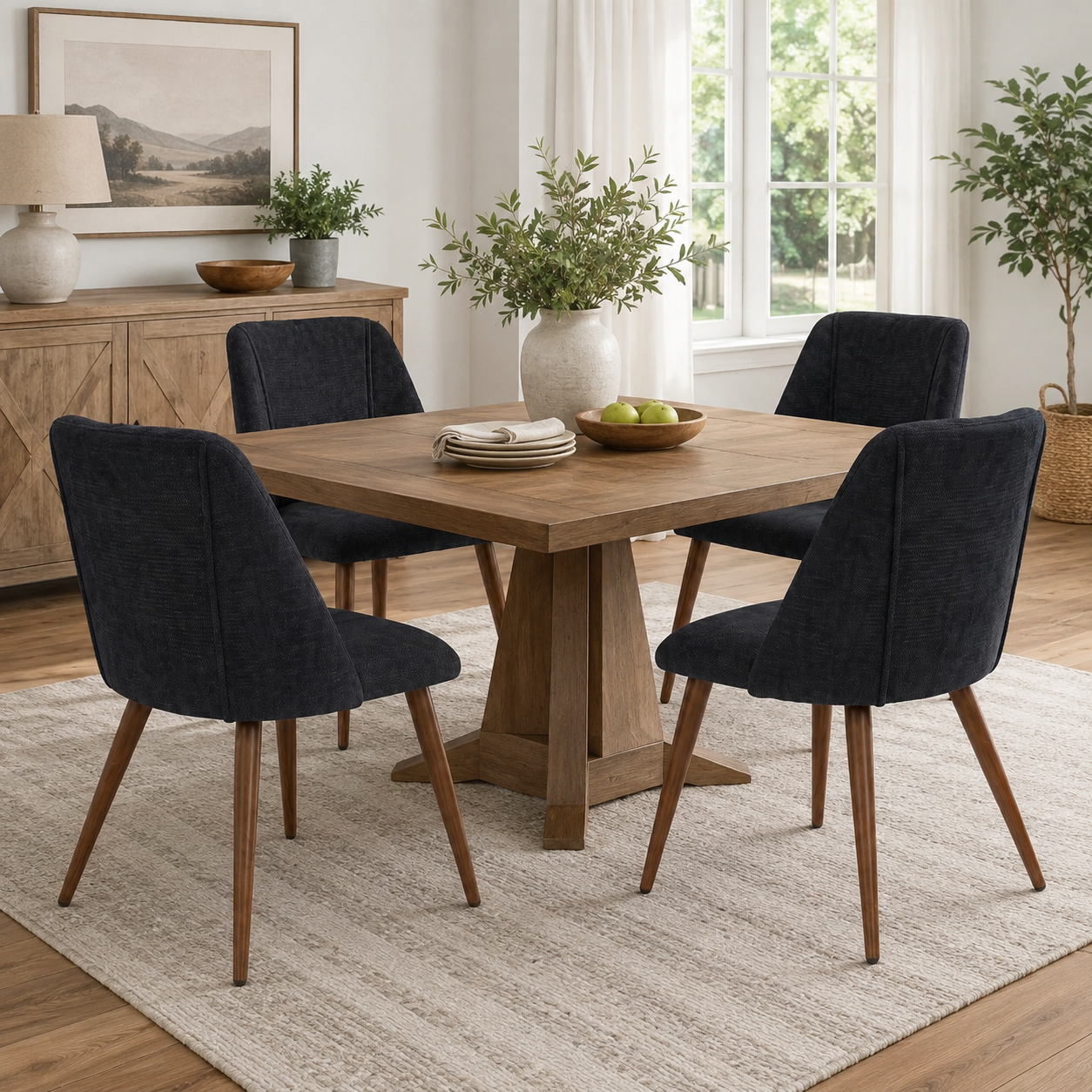 Kali gray upholstered dining chairs with walnut-tone tapered metal legs set of 2 shown with a wood dining table