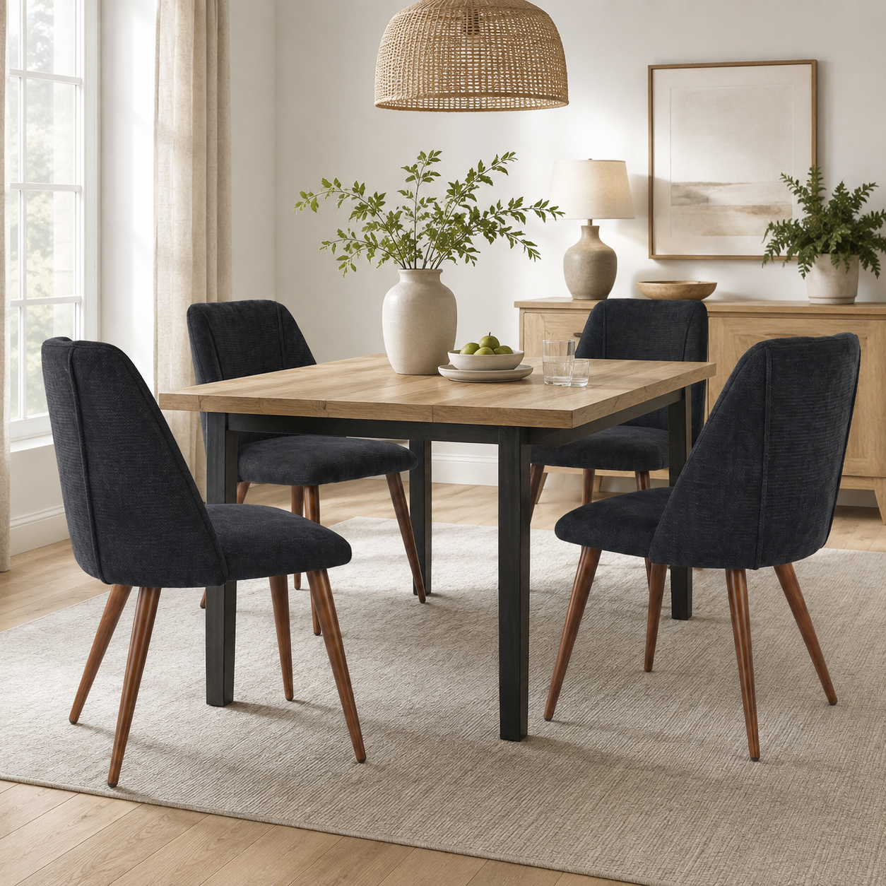Kali gray upholstered dining chairs with walnut-tone tapered metal legs set of 2 in a warm dining room setting