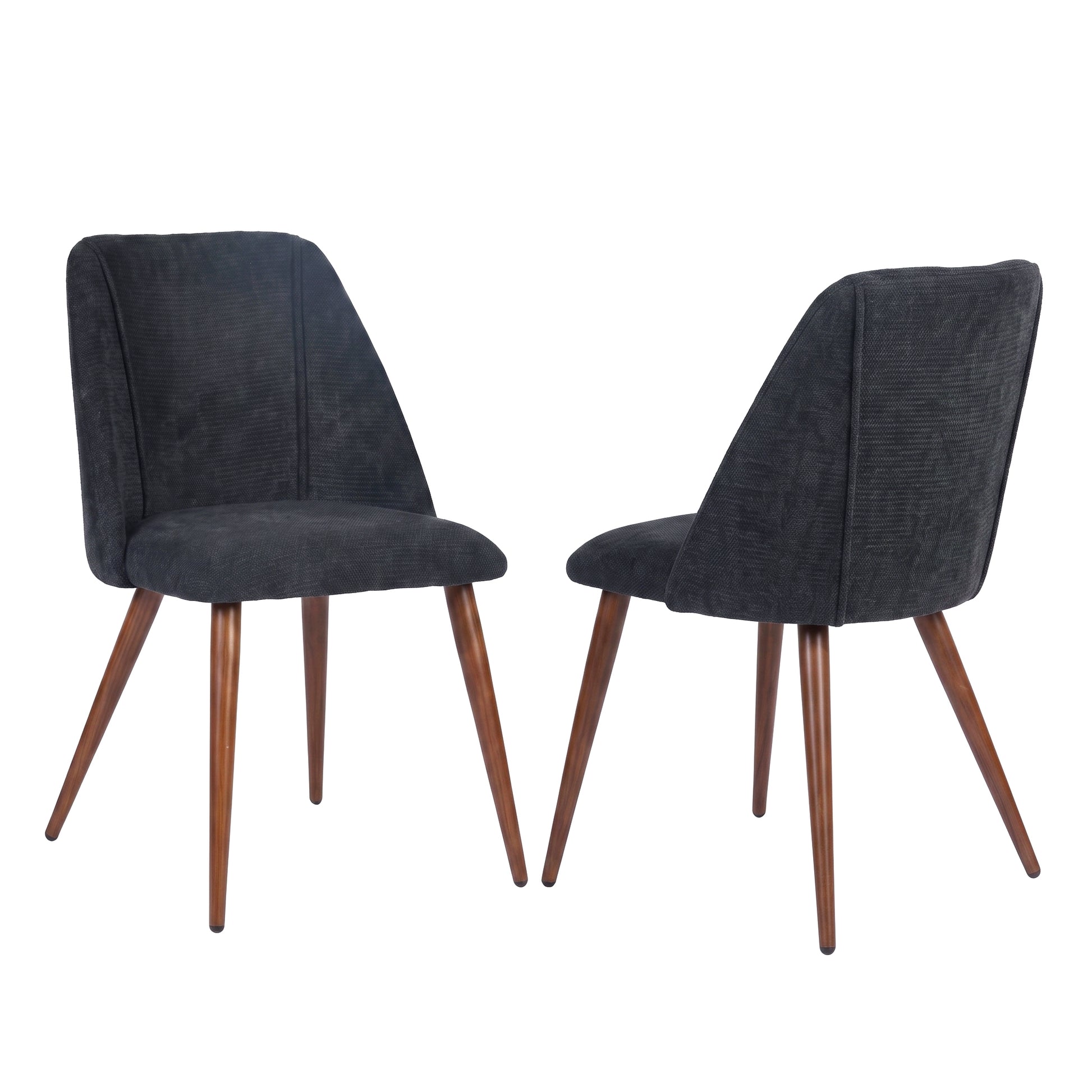 Kali gray upholstered dining chairs with walnut-tone tapered metal legs set of 2 on white background