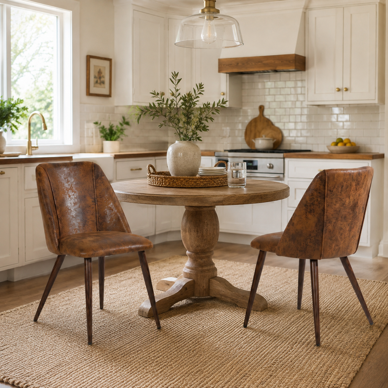 Kali suede brown dining chairs with walnut-tone tapered metal legs set of 2 around a round pedestal table in a bright dining room