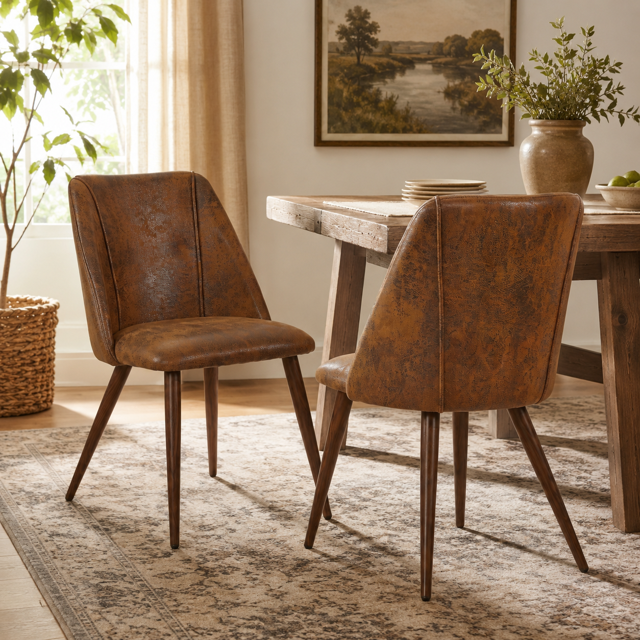 Kali suede brown dining chairs with walnut-tone tapered metal legs set of 2 styled with a wood dining table