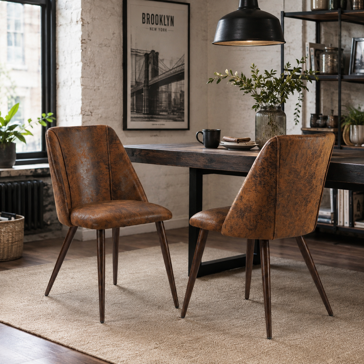 Kali suede brown dining chairs with walnut-tone tapered metal legs set of 2 in a warm dining room setting