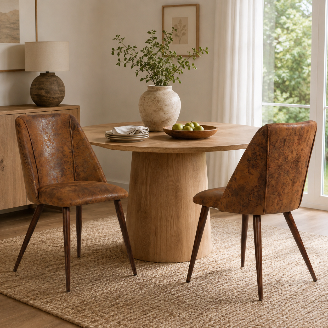 Kali suede brown dining chairs with walnut-tone tapered metal legs set of 2 shown beside a dining table in a cozy dining area