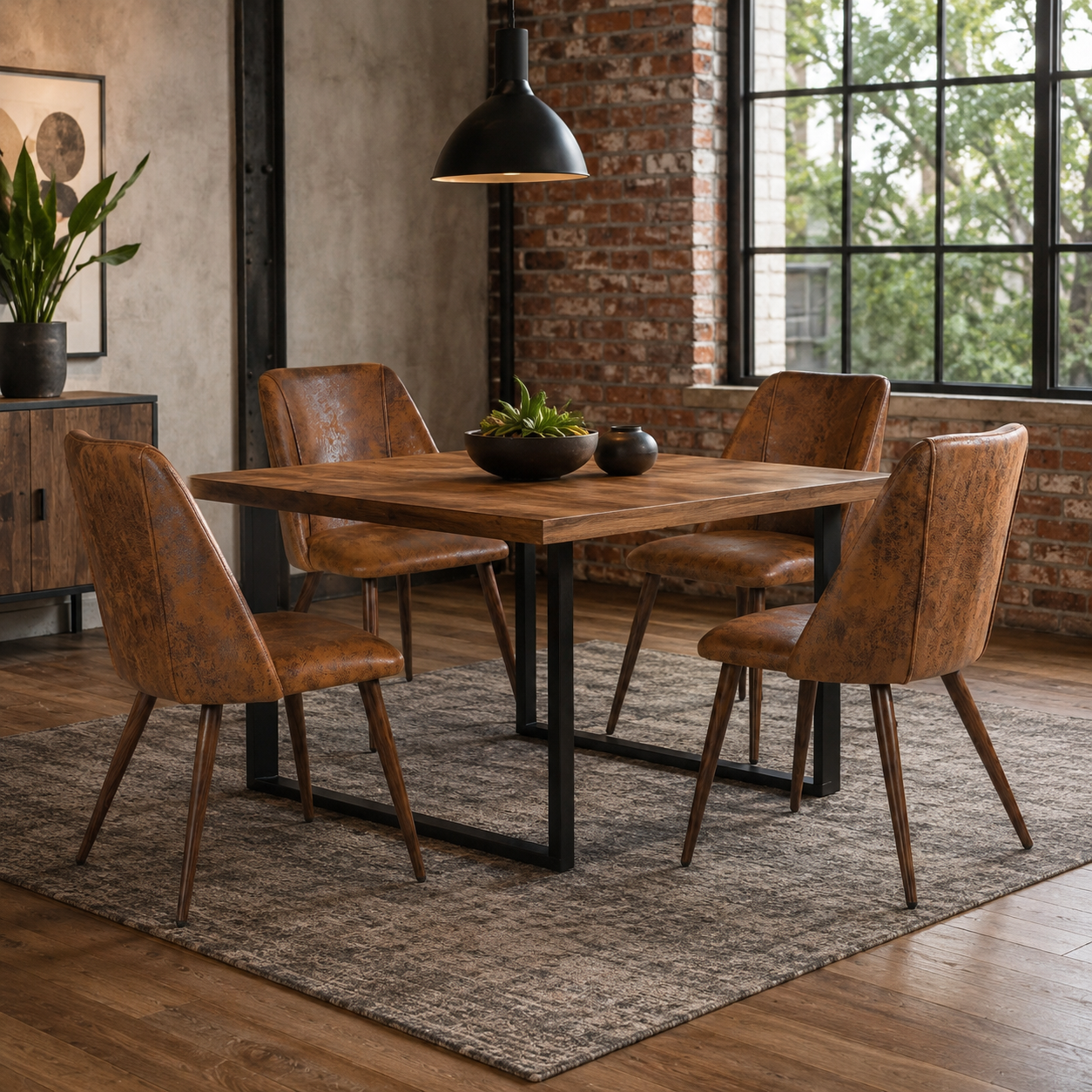 Kali suede brown dining chairs with walnut-tone tapered metal legs set of 4 around a round dining table