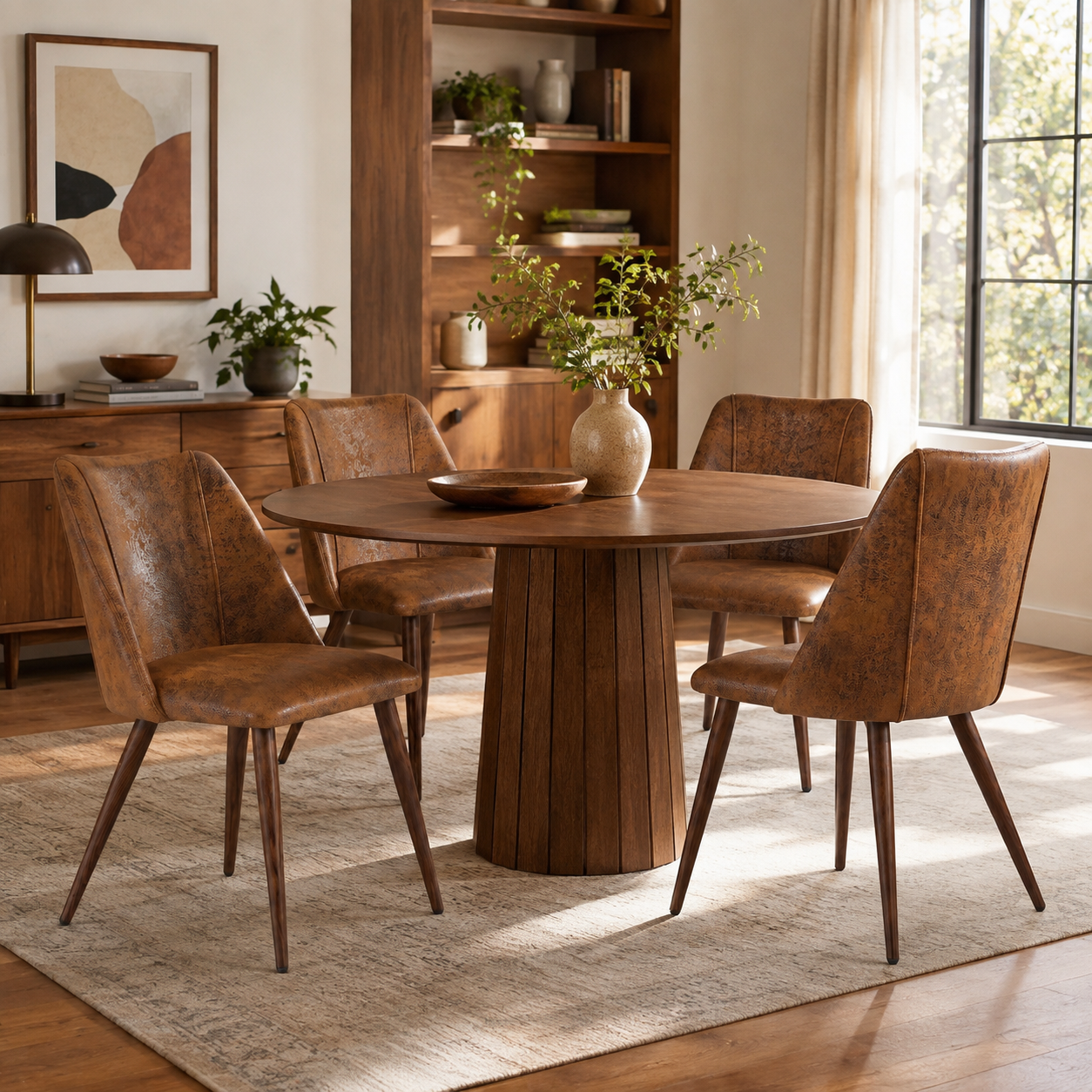 Kali suede brown dining chairs with walnut-tone tapered metal legs set of 4 around a round dining table