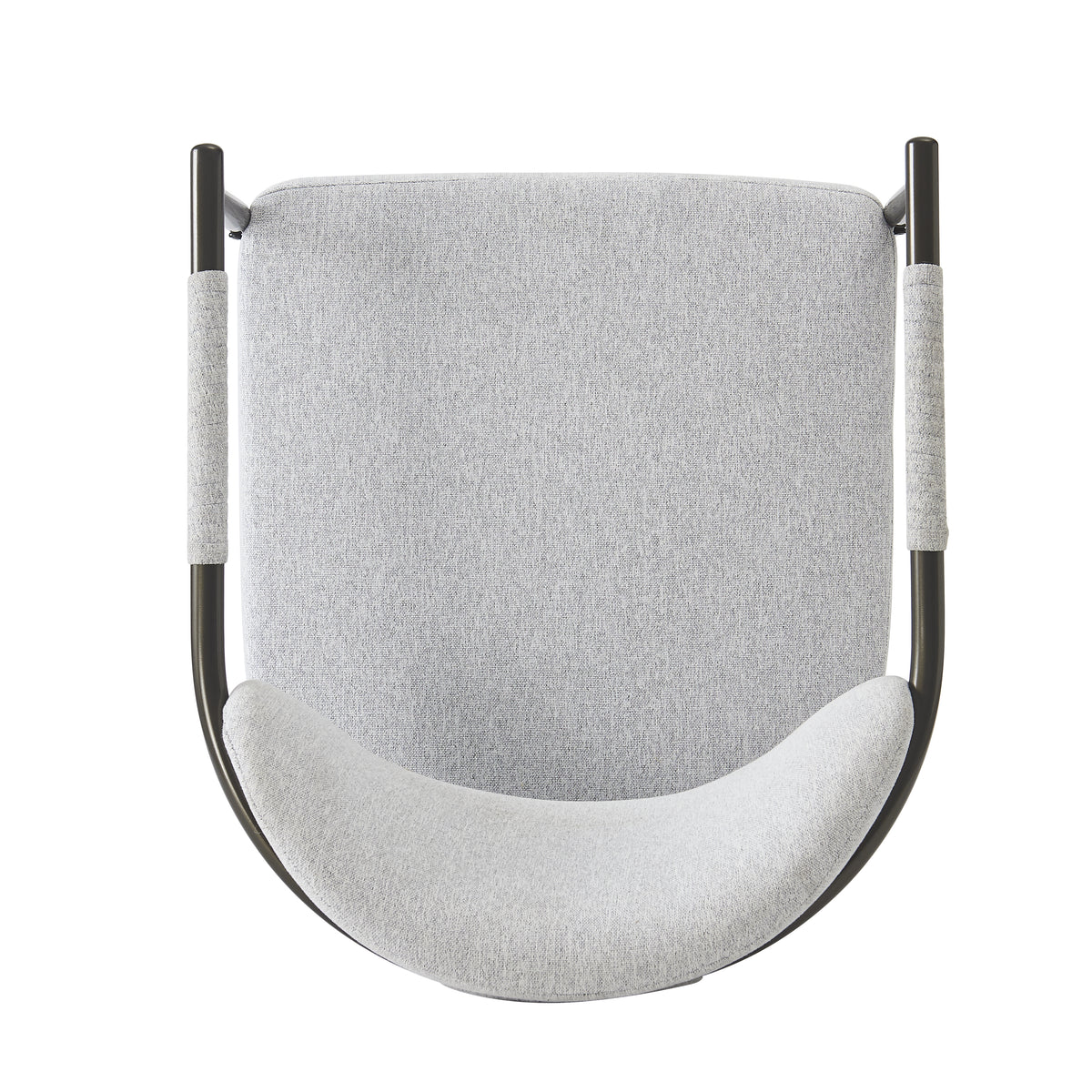 Kariba gray dining chair close-up of the curved upholstered backrest and metal frame
