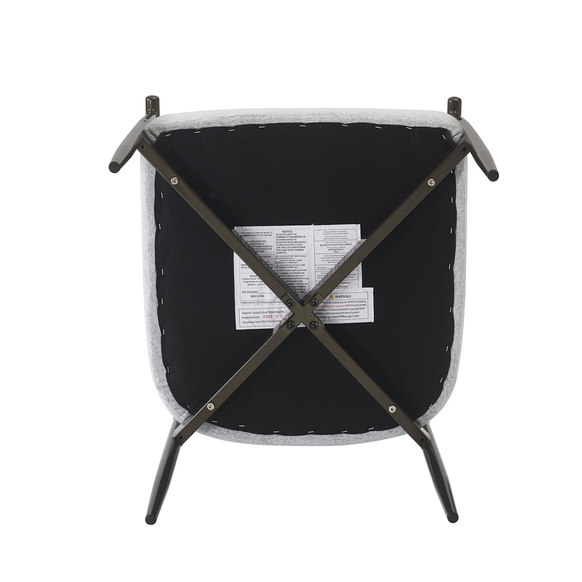 Kariba gray dining chair underside view showing the seat base and metal support frame