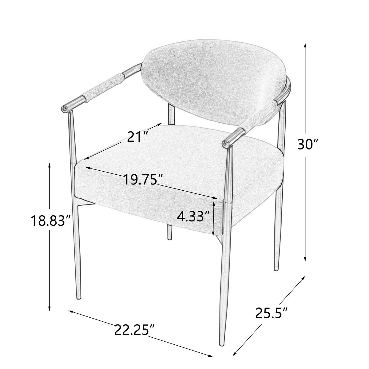 Kariba gray upholstered dining chair showing product dimensions with curved back and metal frame