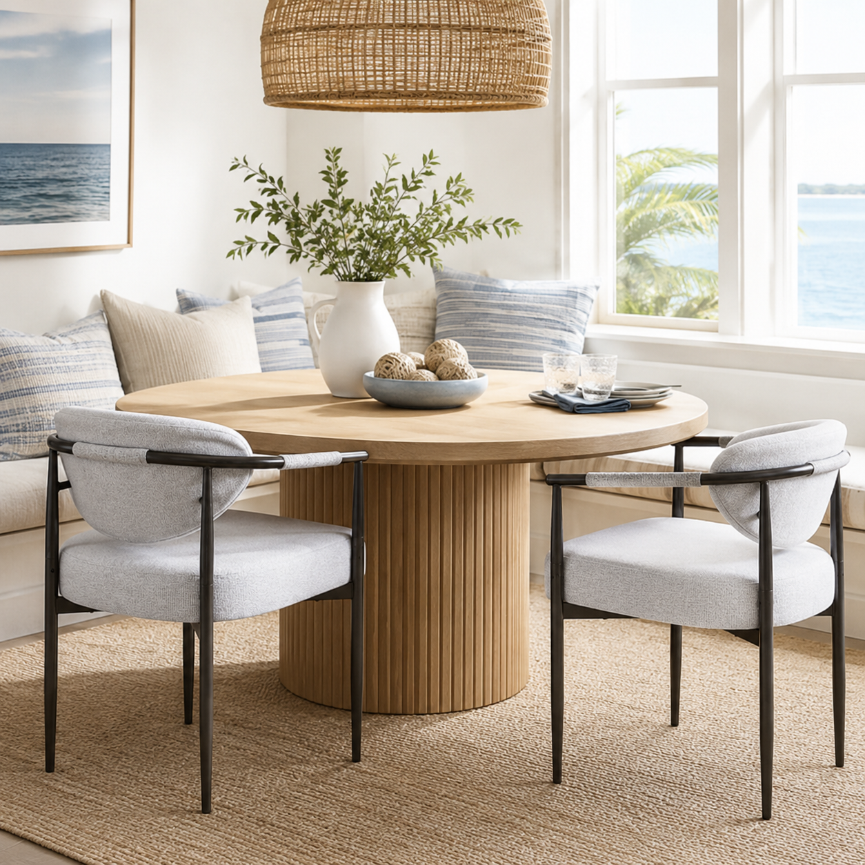 Kariba gray upholstered dining chairs with metal frames around a round wood dining table in a bright room