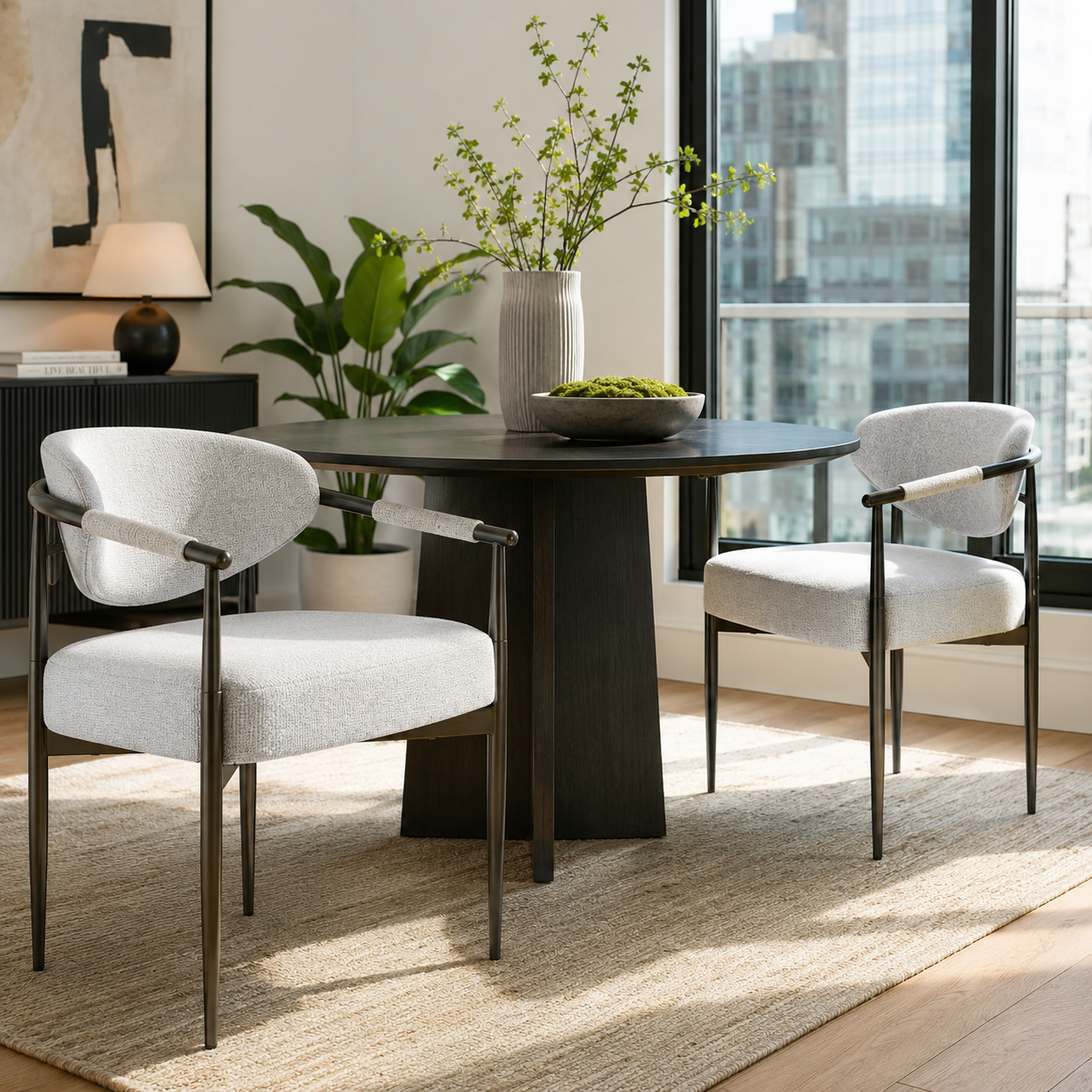 Kariba gray dining chairs around a dark round table in a modern dining space with natural light