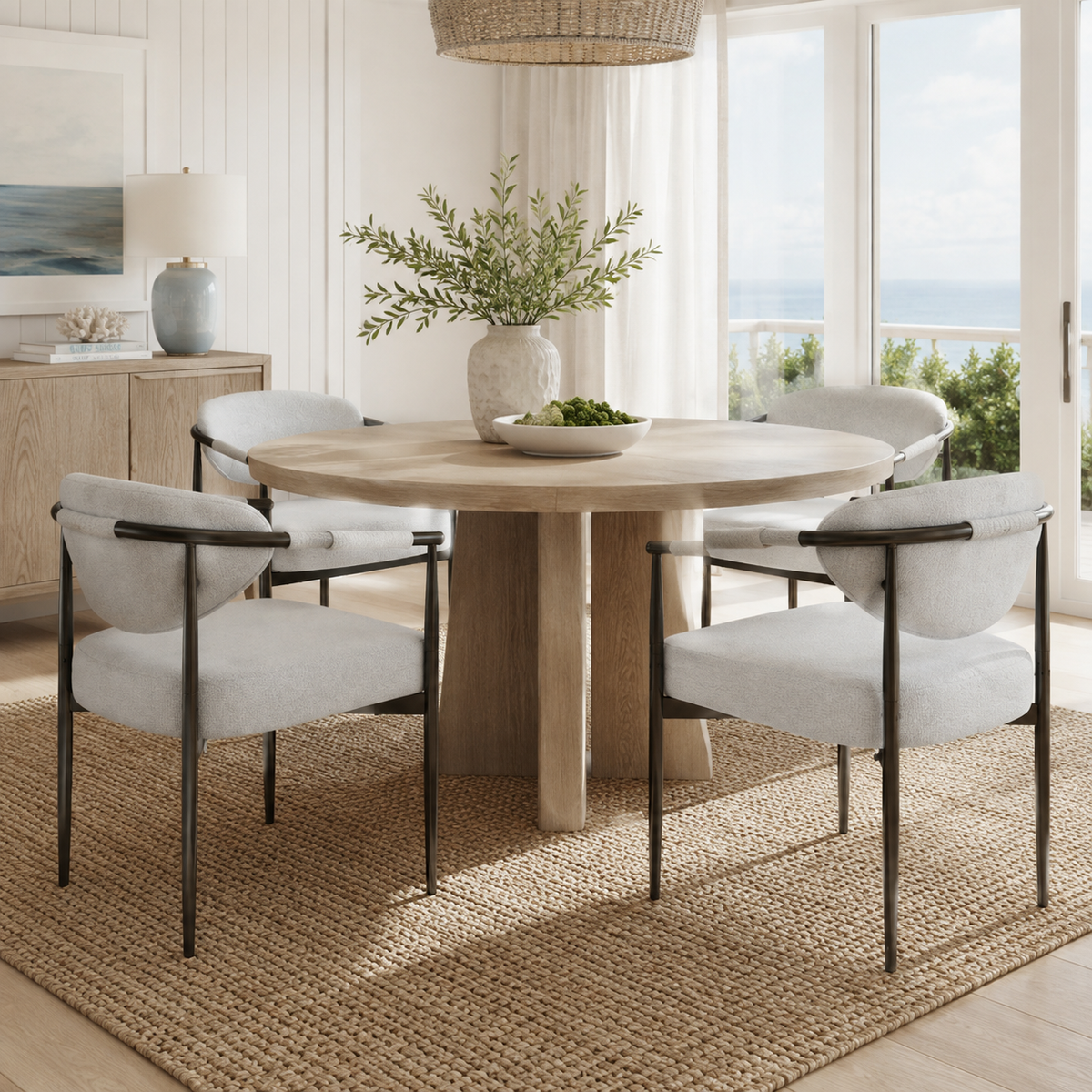Kariba gray upholstered dining chair set in a bright dining area with a rectangular table