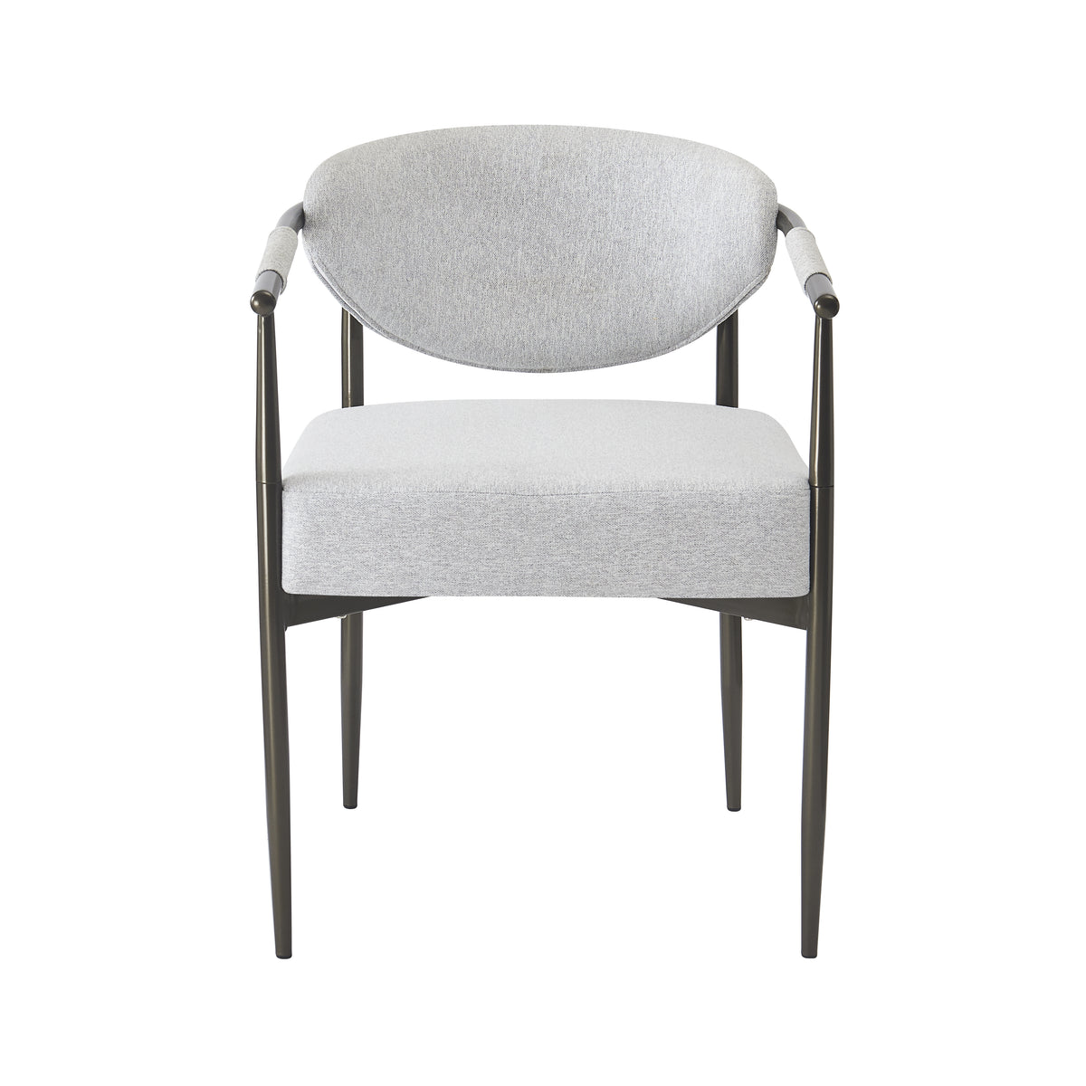 Kariba gray upholstered dining chair straight front view with curved arms on white background