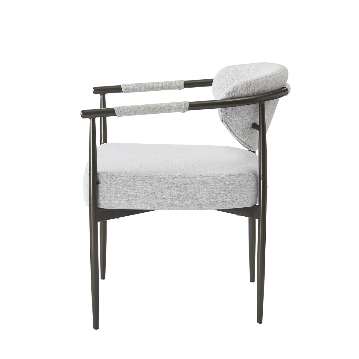 Kariba gray upholstered dining chair side view with curved backrest on white background