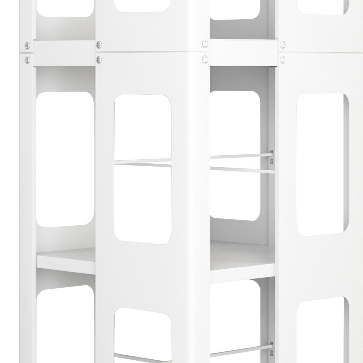 Kernel white rotating bookshelf showing locking wheels detail