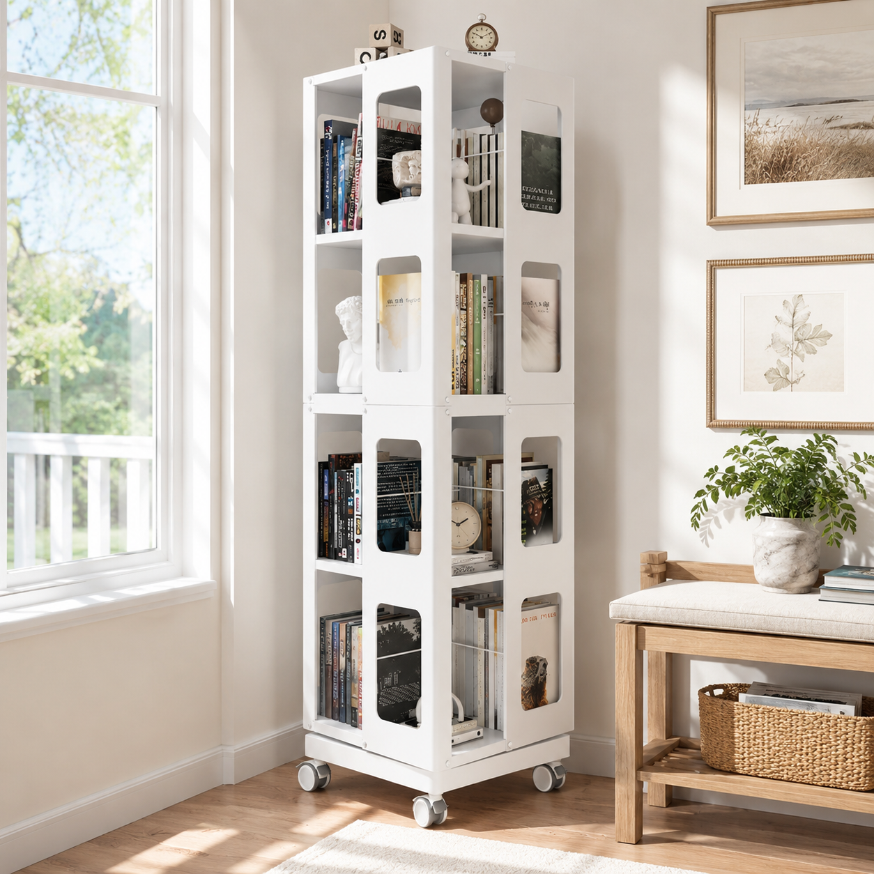 Kernel white rotating bookshelf showing organized books and decor beside a window and wood bench