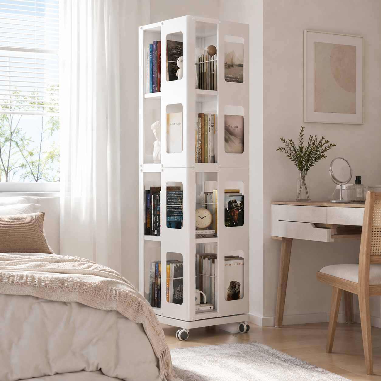 Kernel white rotating bookshelf showing four-tier storage beside a bed in a bright neutral bedroom