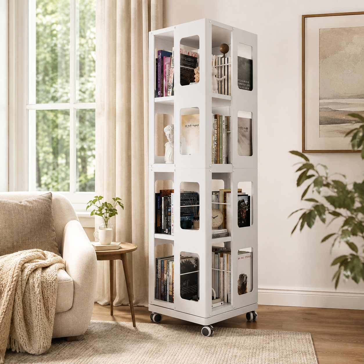Kernel white rotating bookshelf showing books and decor beside an armchair near a large window