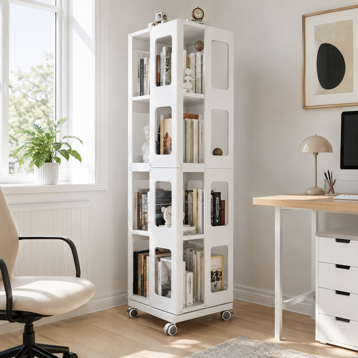 Kernel white rotating bookshelf showing compact vertical storage beside a desk in a home office
