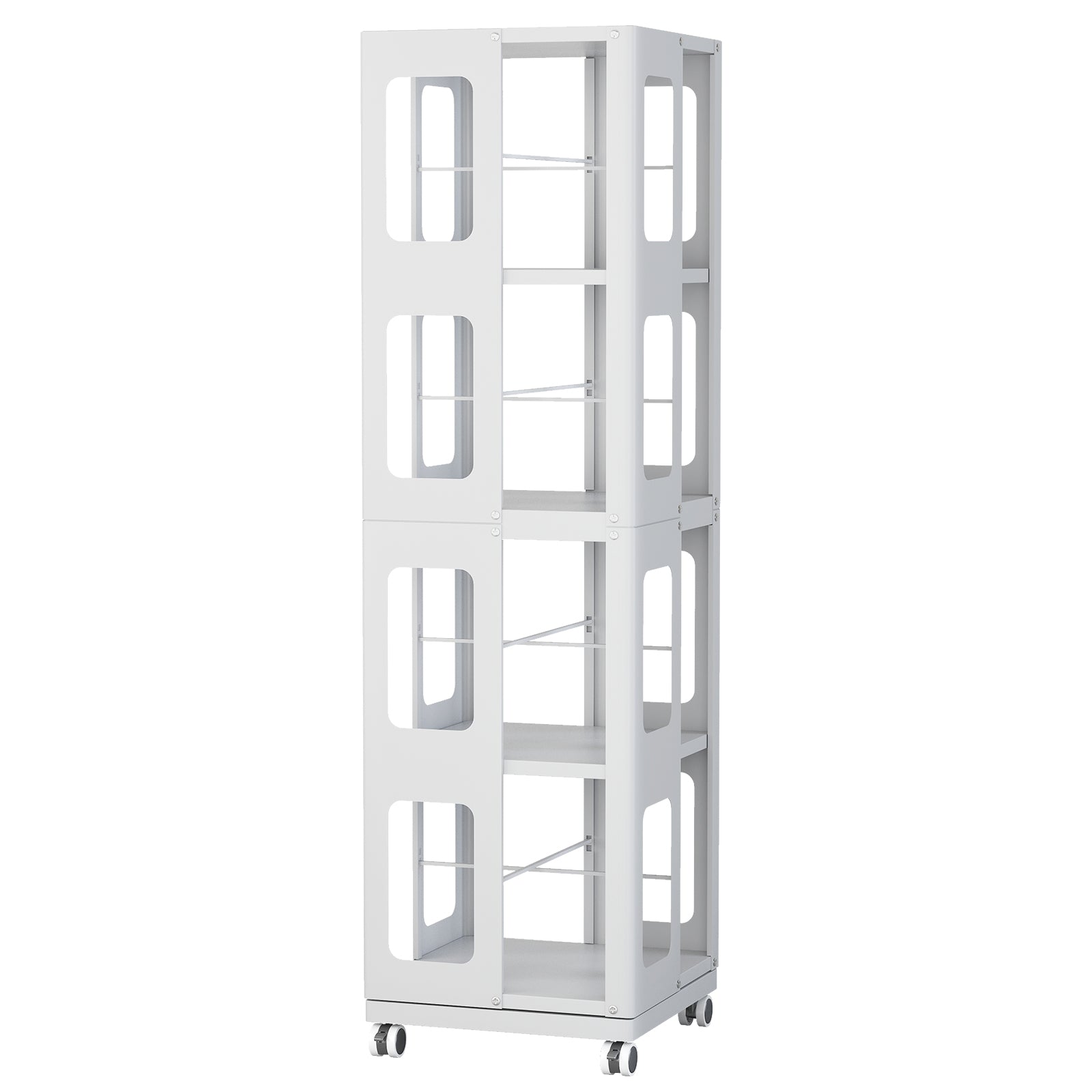 Kernel white rotating bookshelf showing the empty four-tier frame from a front view