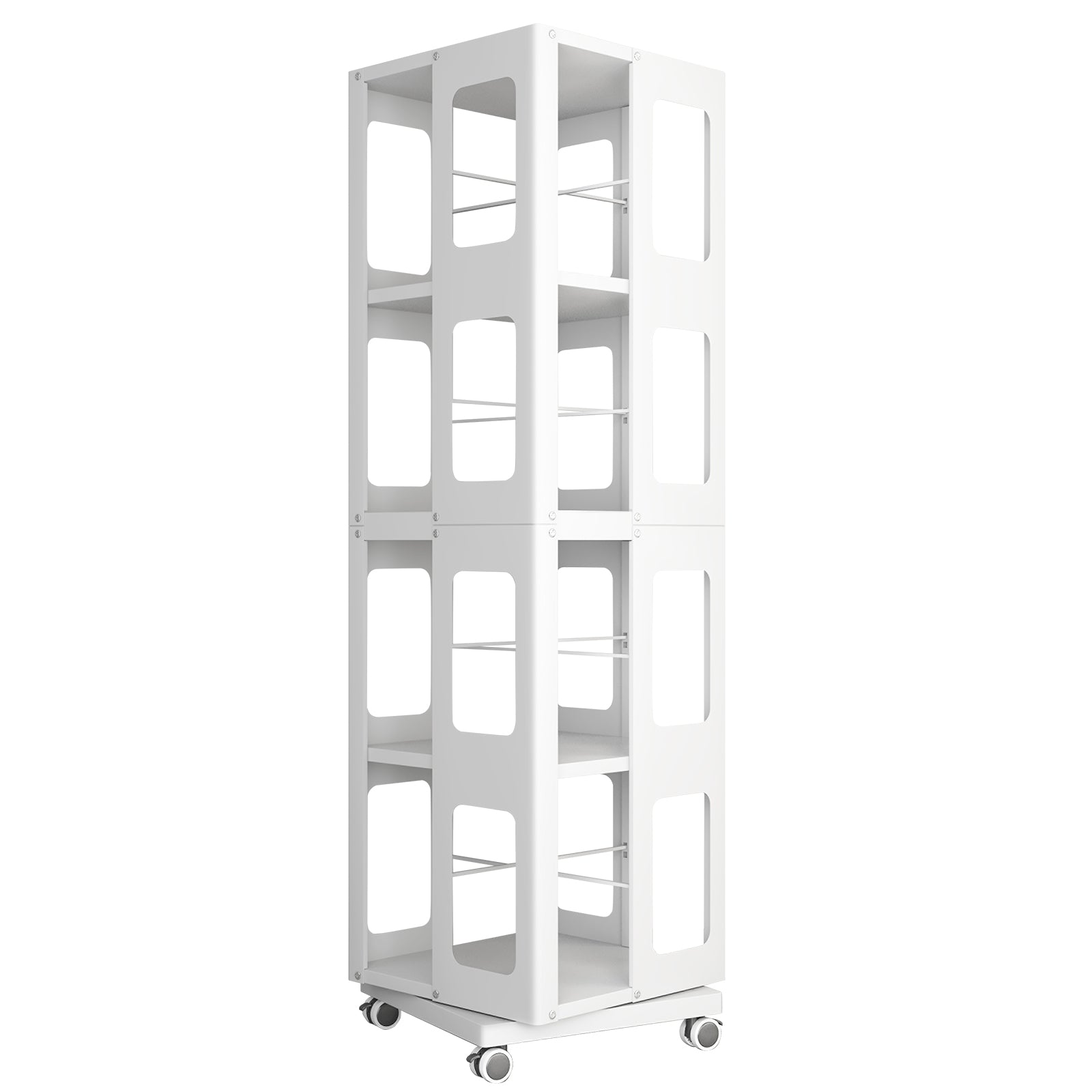 Kernel white rotating bookshelf showing an angled view of the four-tier steel frame and wheels