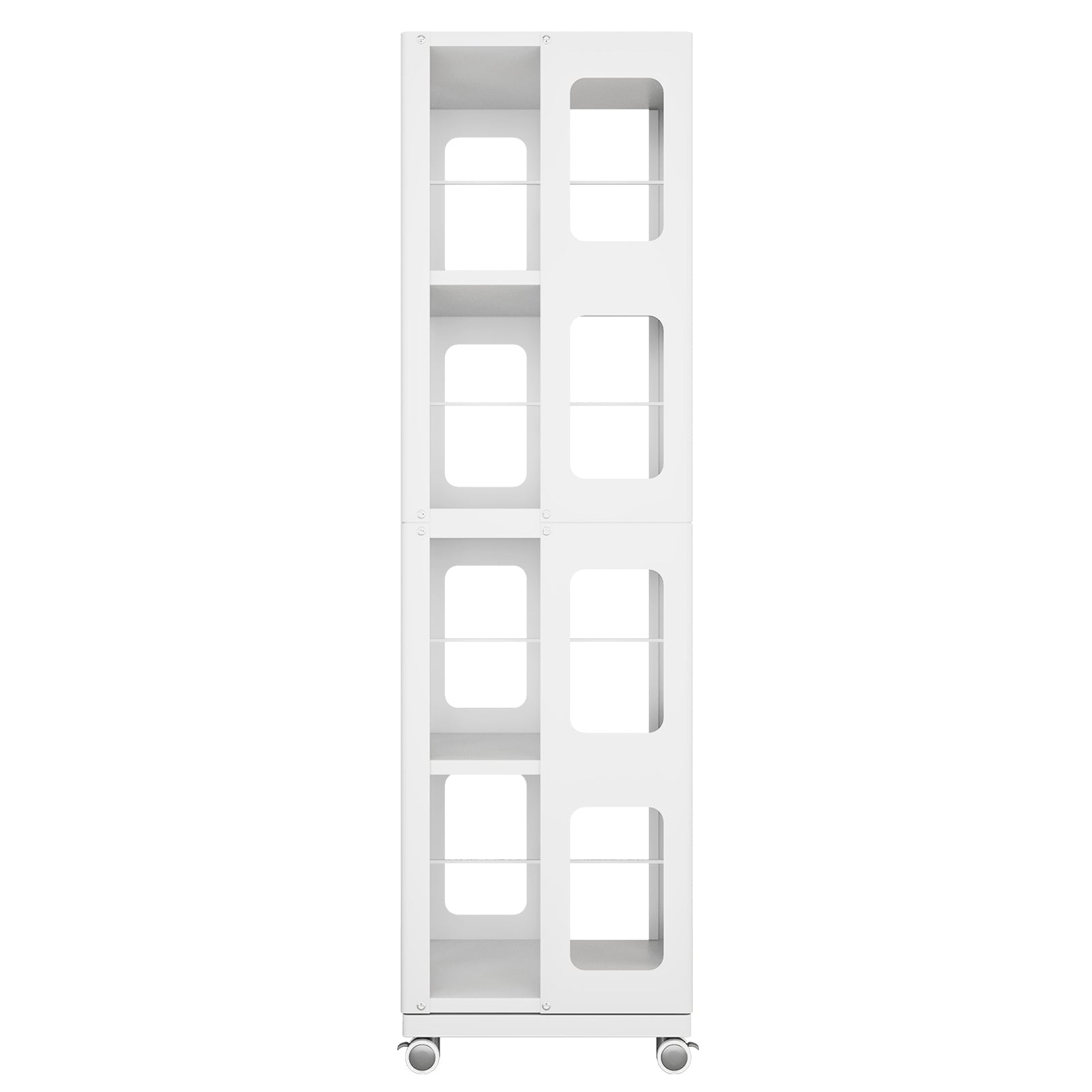 Kernel white rotating bookshelf showing the narrow side profile with open shelf compartments