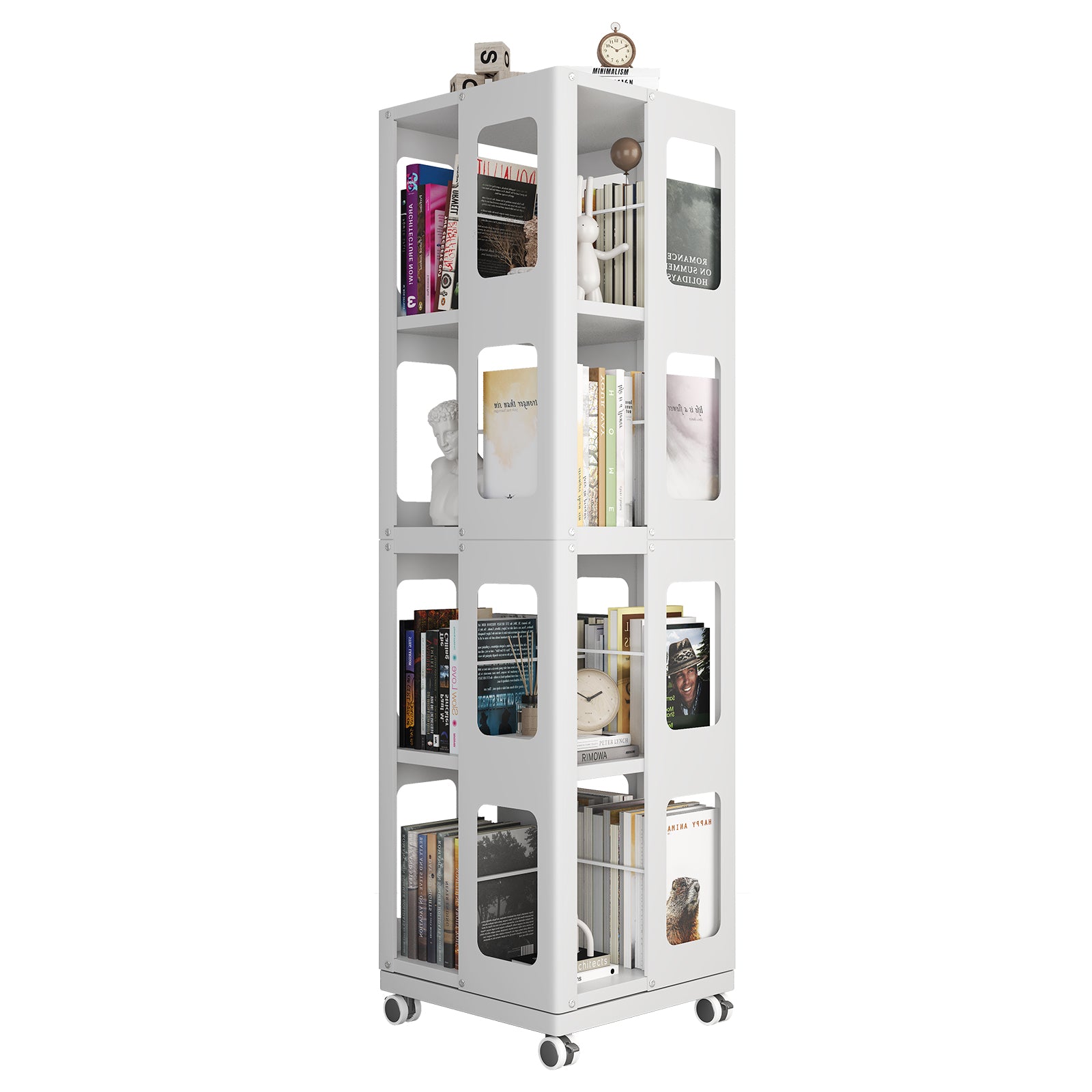 Kernel white rotating bookshelf showing an angled four-sided display filled with books and decor