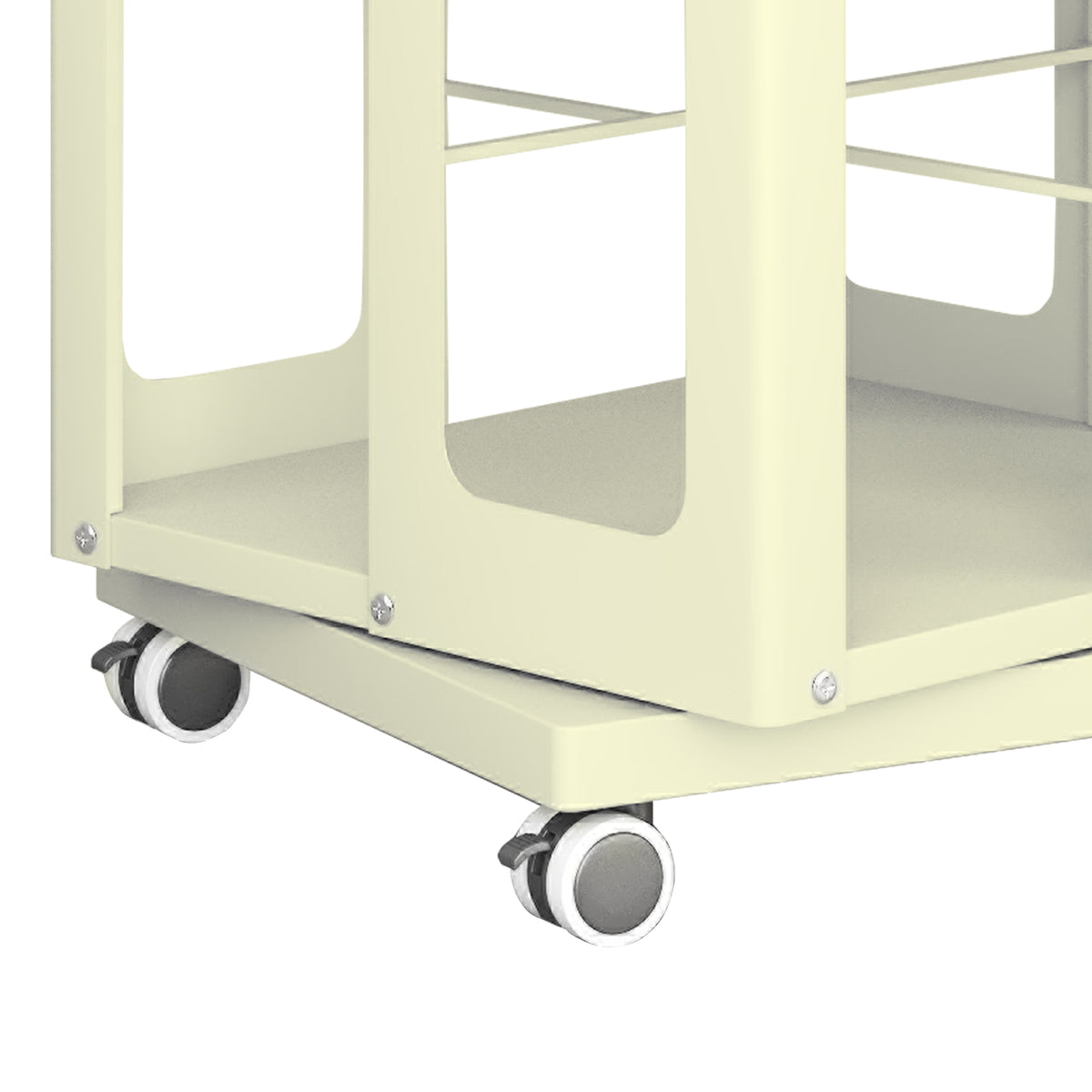 Kernel yellow rotating bookshelf showing locking wheels detail